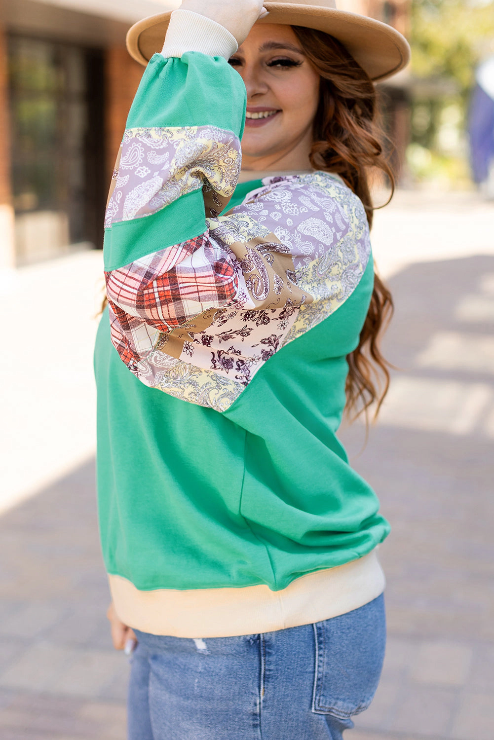 Threaded Pear Women's Sky Blue Plus Plaid Floral Patchwork Raglan Sleeve Sweatshirt