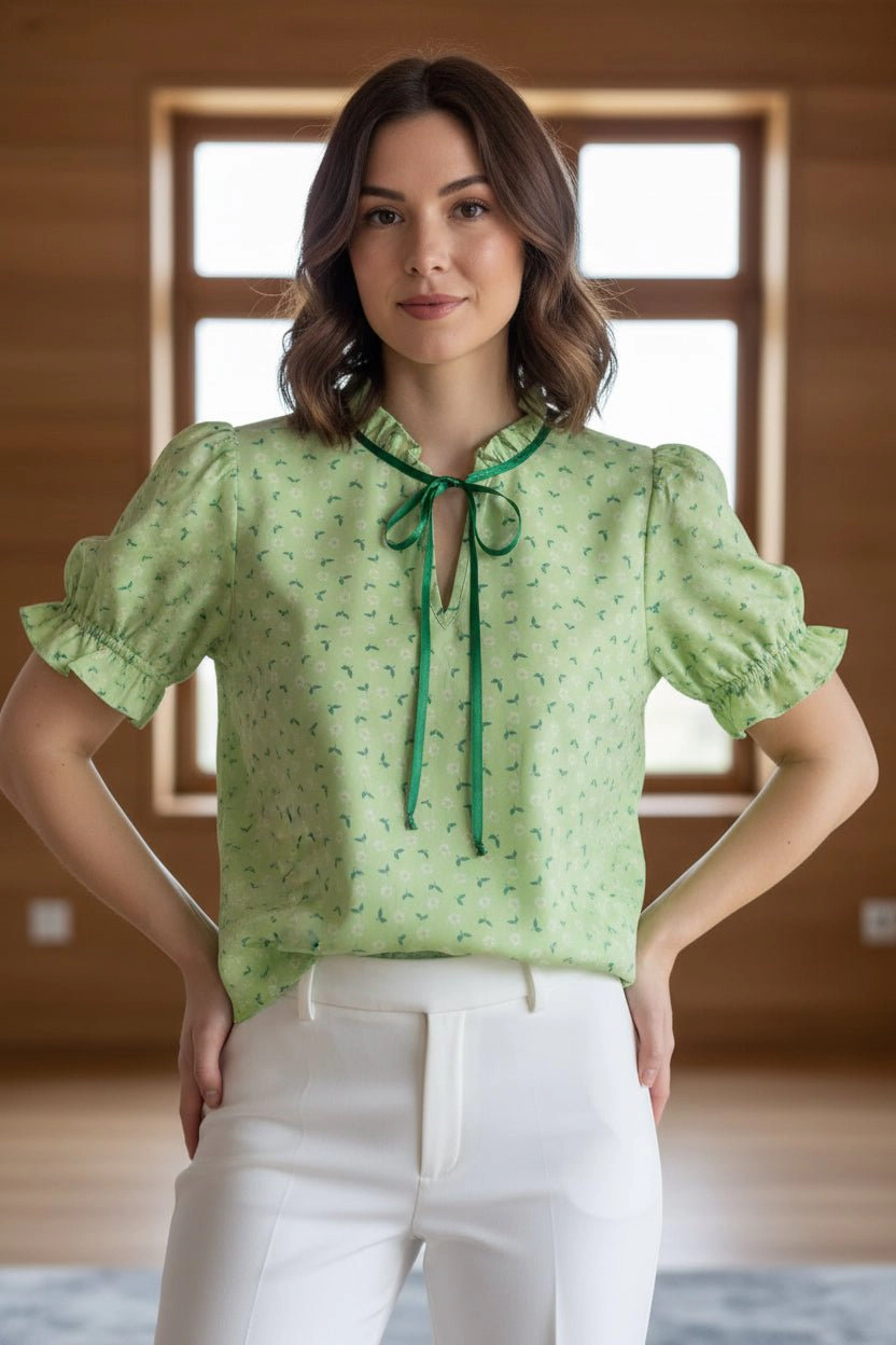 DressAtR Women's Satin Lace Ruffle Neck Puff Sleeve Green Floral Blouse