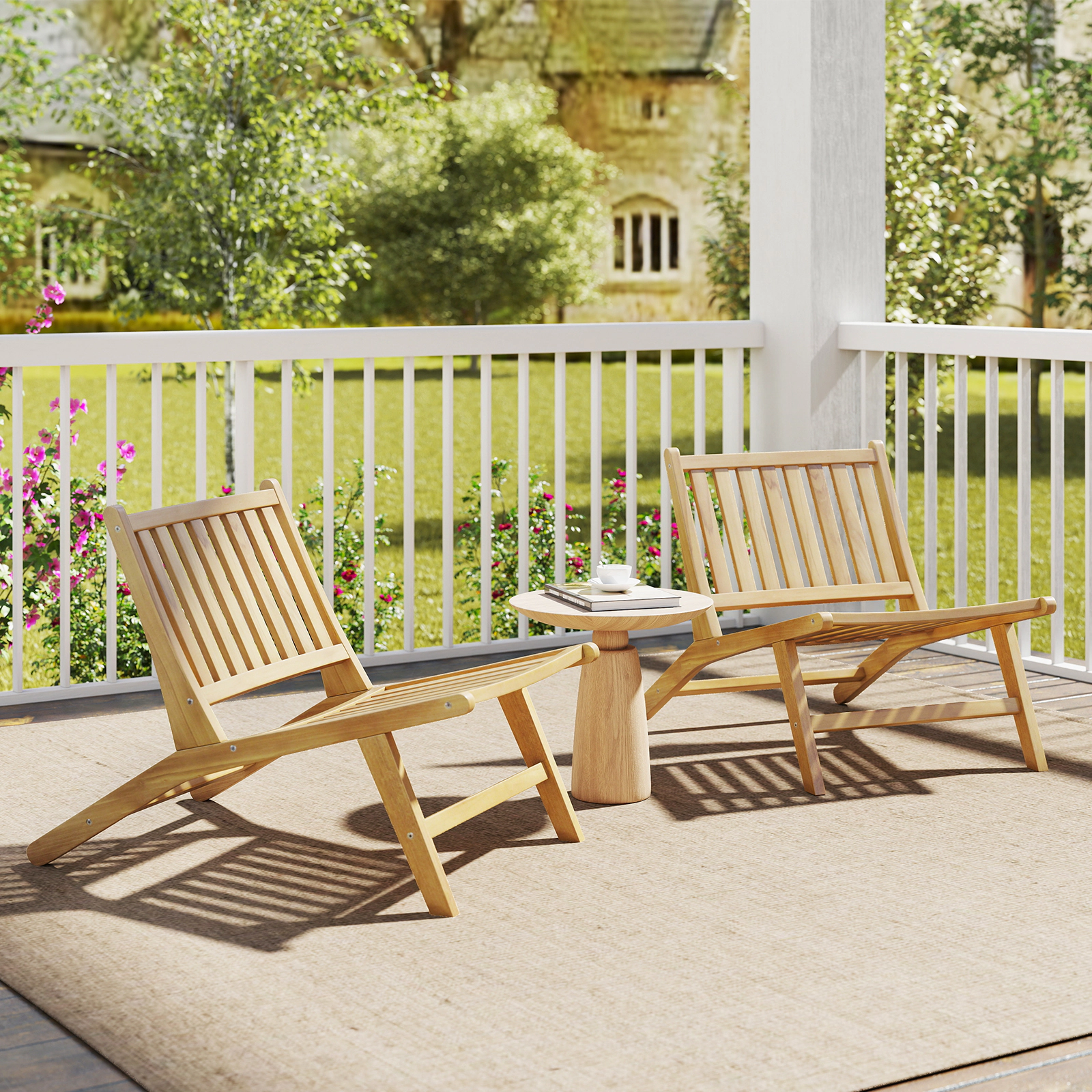 SUGIFT Natural Teak Wood Reclining Outdoor Lounge Chair, Mid-Century, 352 lb Capacity