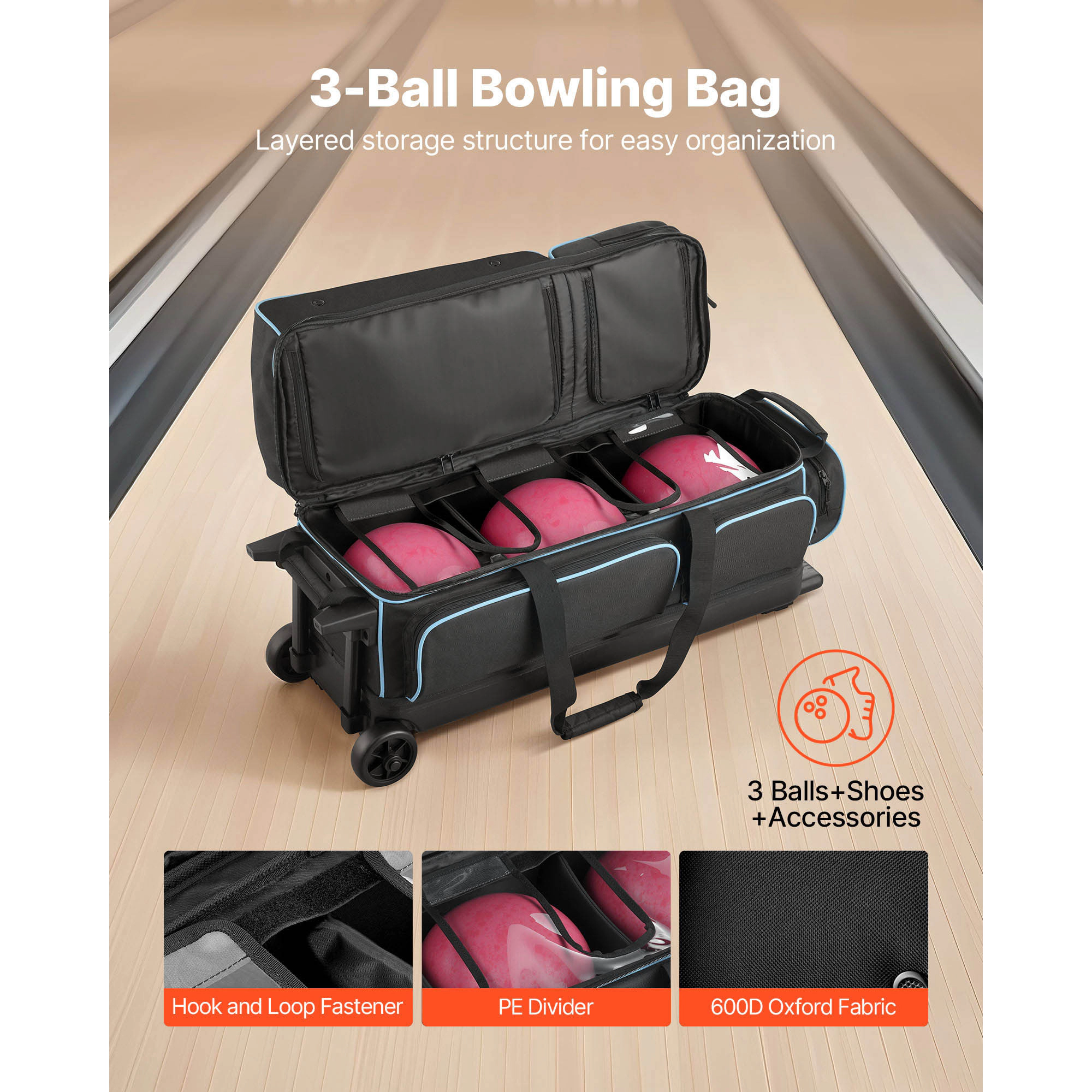 HONGGE Bowling Ball Bag, Double Roller Bowling Bag with Wheels