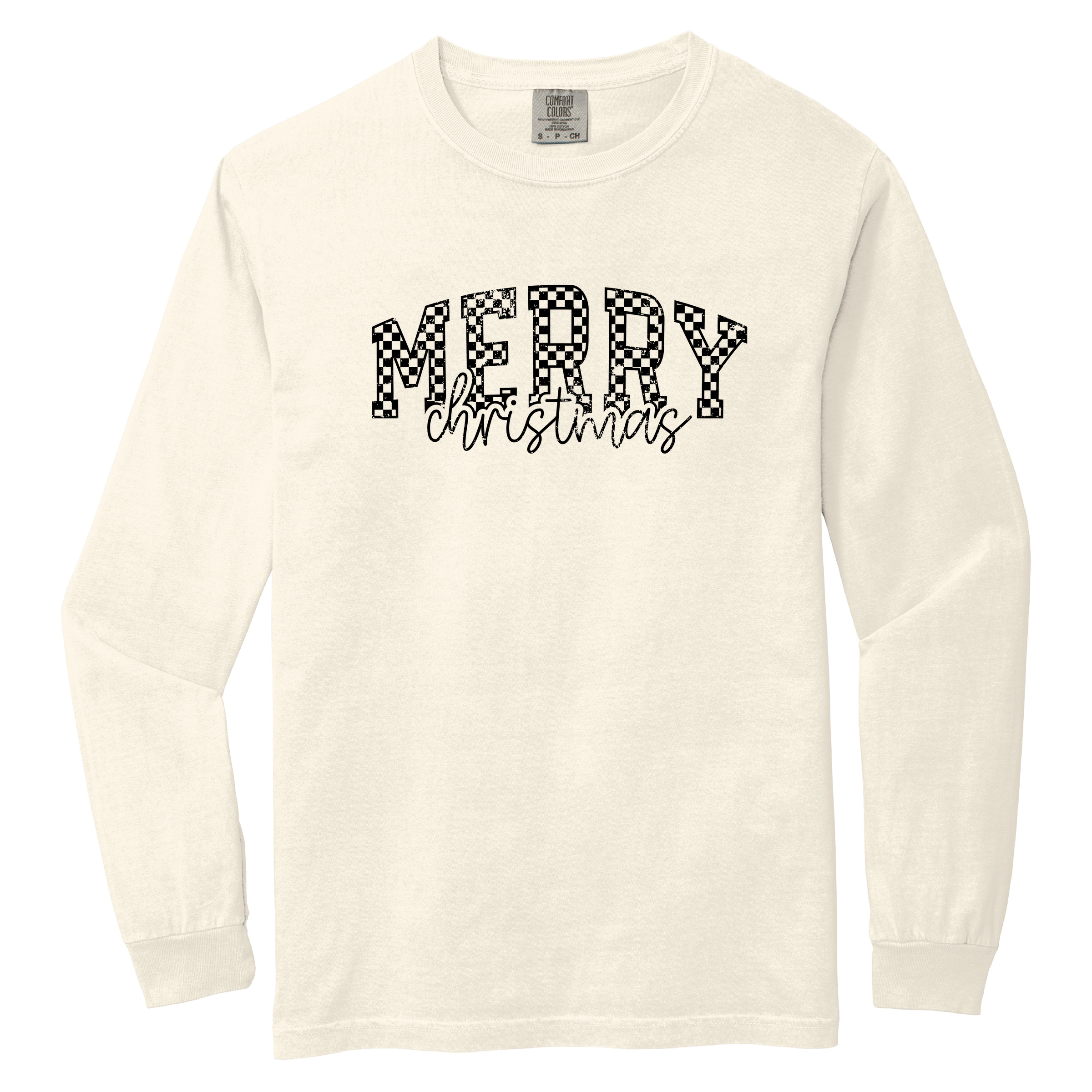 Simply Sage Market - Women's Garment Dyed Long Sleeve Graphic T-Shirt Merry Christmas Varsity Checkered
