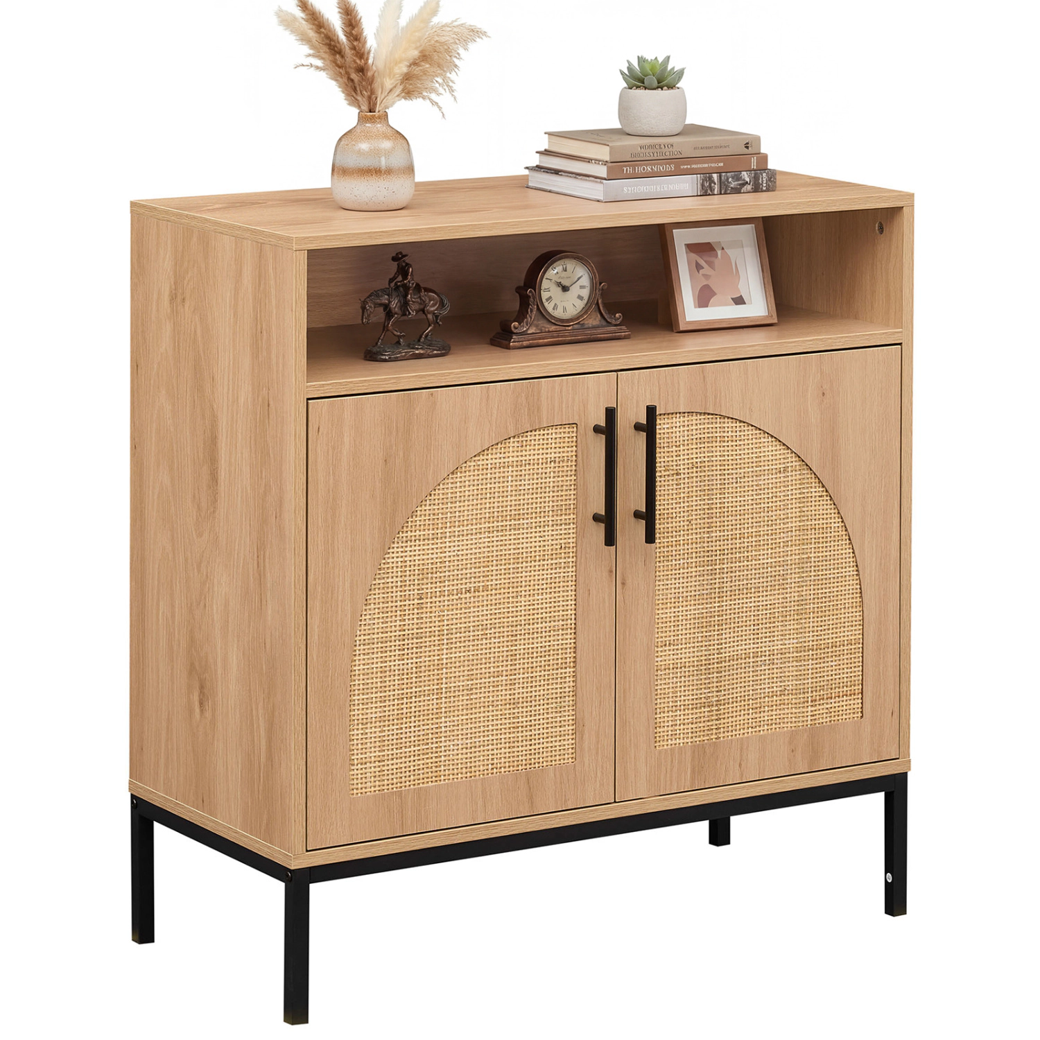 Glintex 32-Inch Sideboard with Rattan Doors and Open Display Shelf