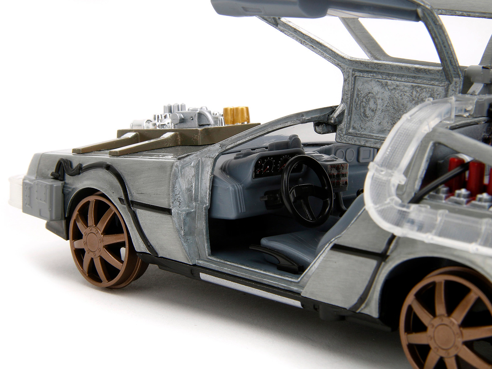 Jada Delorean Brushed Metal Time Machine (Train Wheel Version) With Lights "Back To The Future Part Iii"