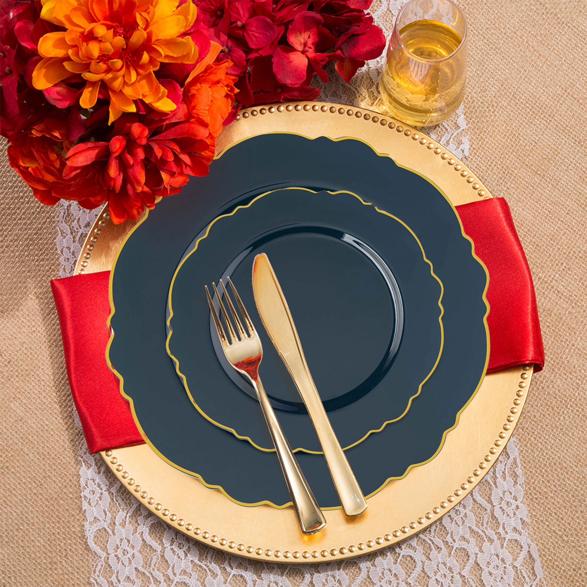 Smarty Had A Party Navy with Gold Rim Round Blossom Disposable Plastic Wedding Value Set