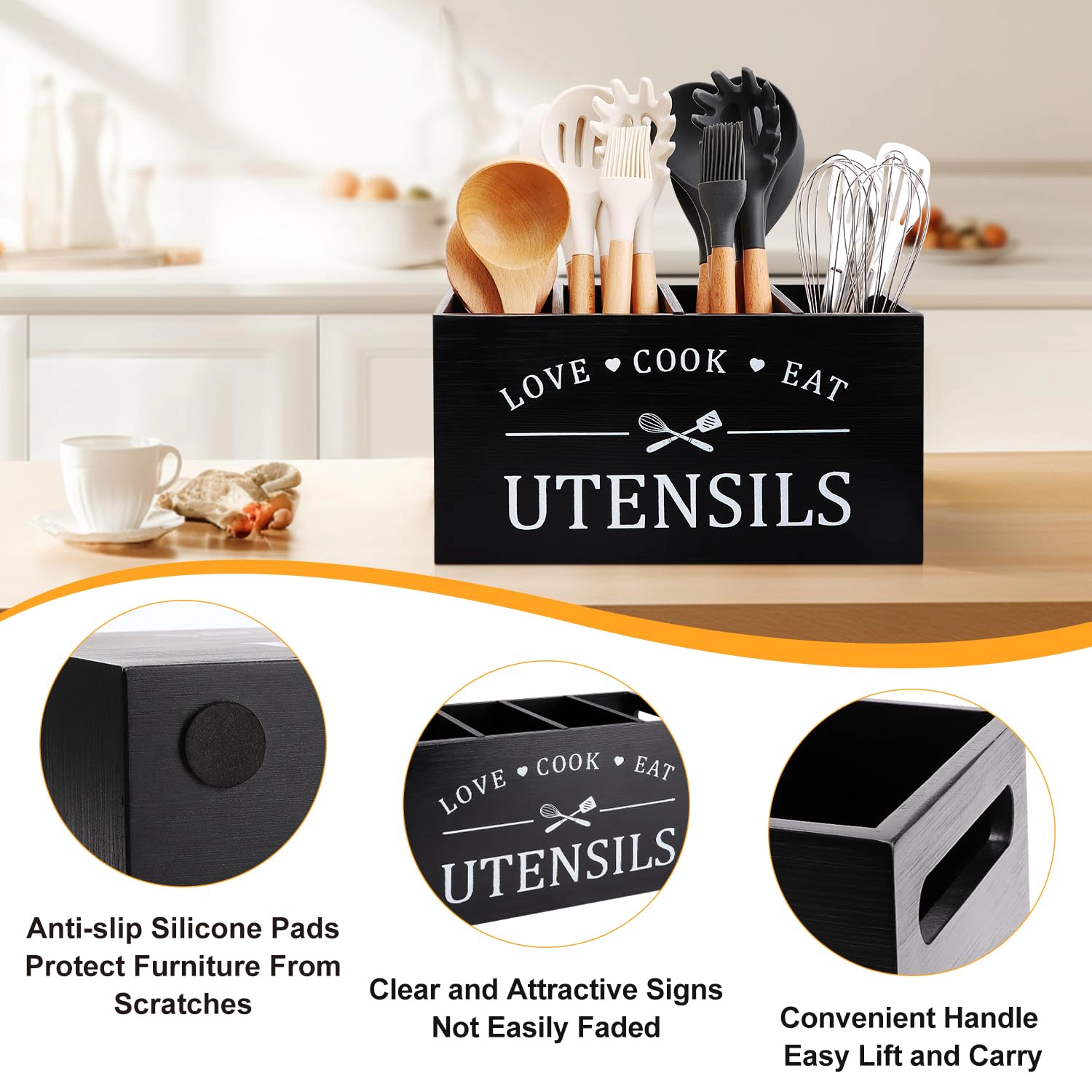 WZK Rustic Wood 4 Compartment Kitchen Utensil Holder