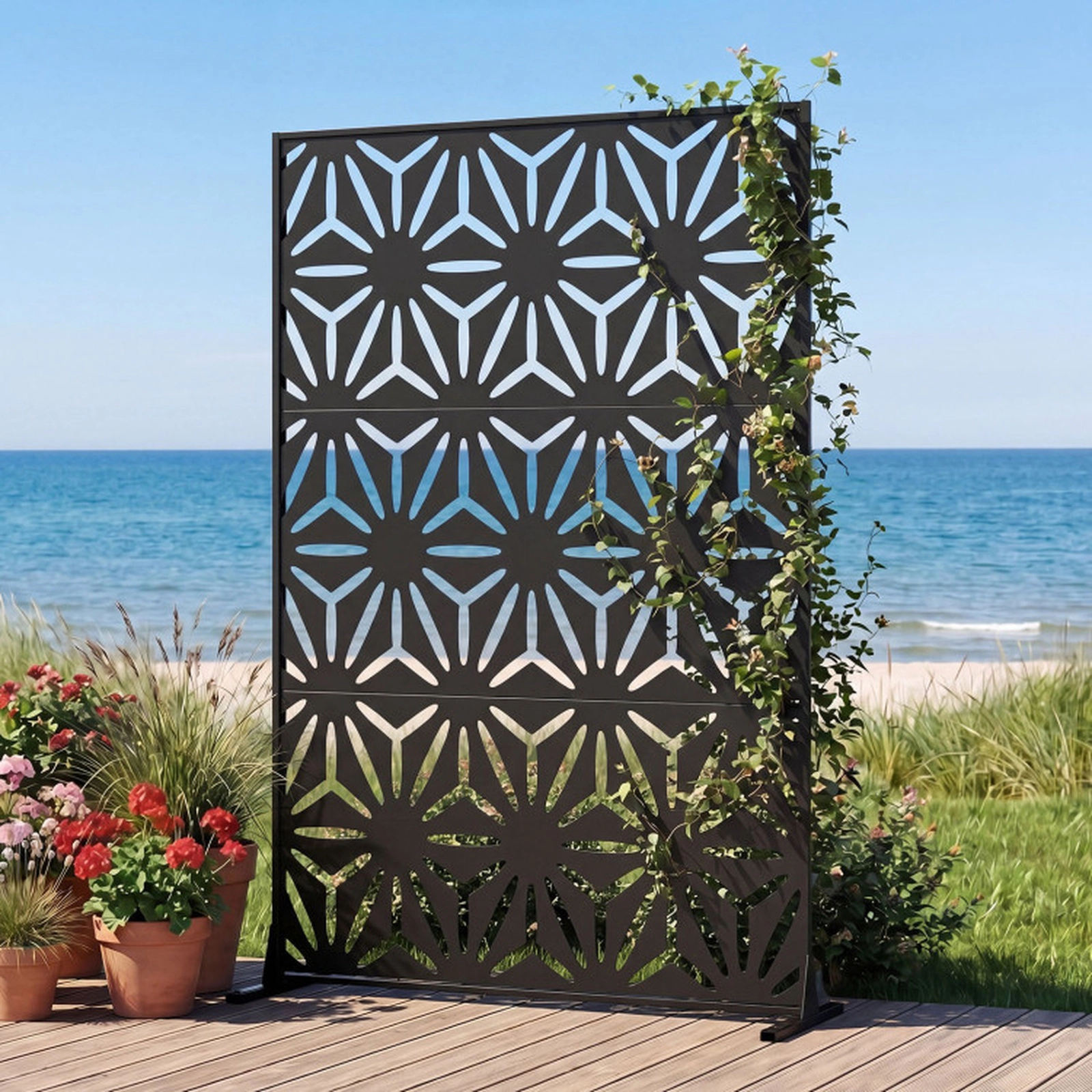 SUGIFT Black Freestanding Privacy Screen Panel with Support Legs and 4 Expansion Bolts 48-in W 16-in D 72-in H