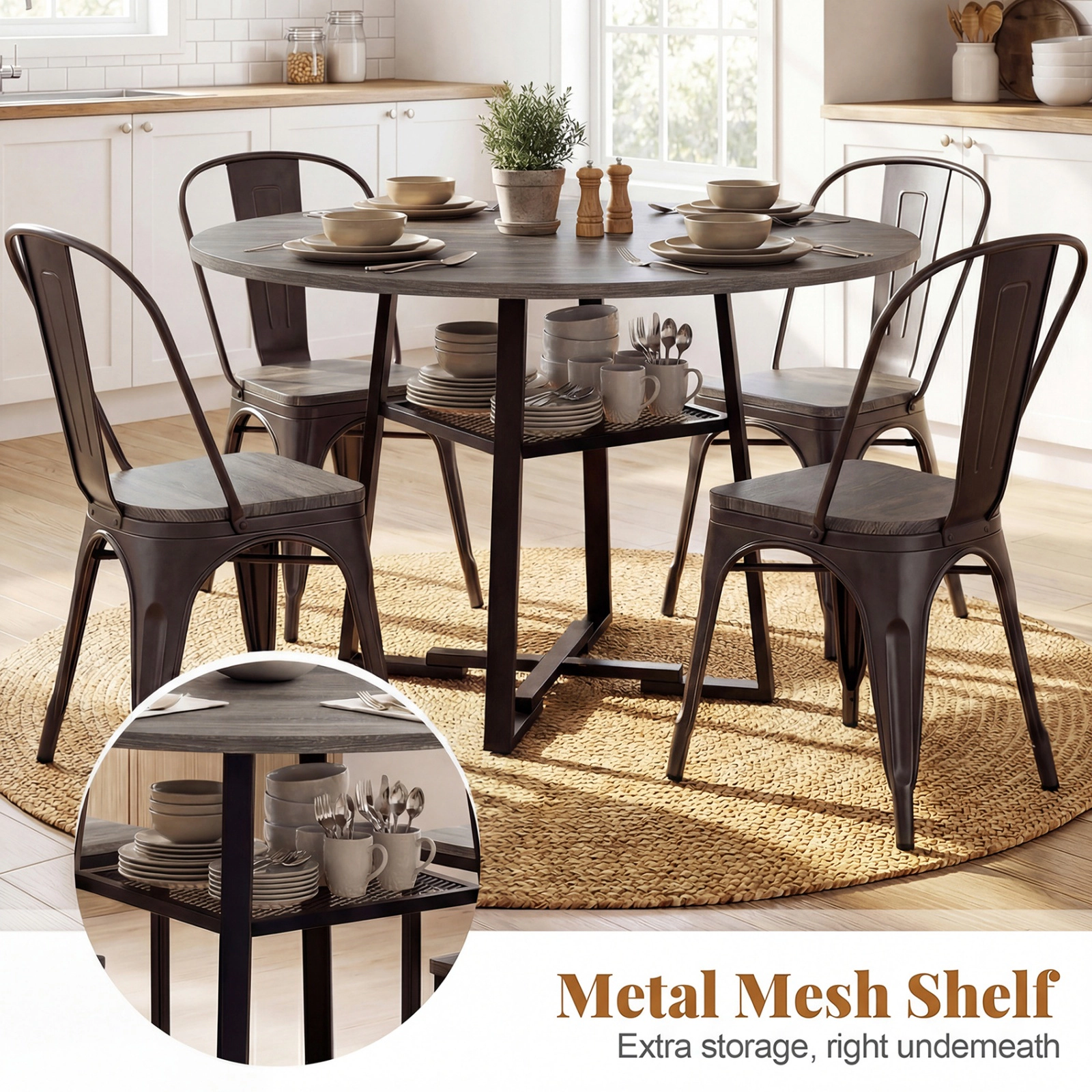 SUGIFT 47.5-in Round Dining Table for 4-6 with Storage Shelf 330-lb Tabletop Capacity Rustic Brown and Black Gray