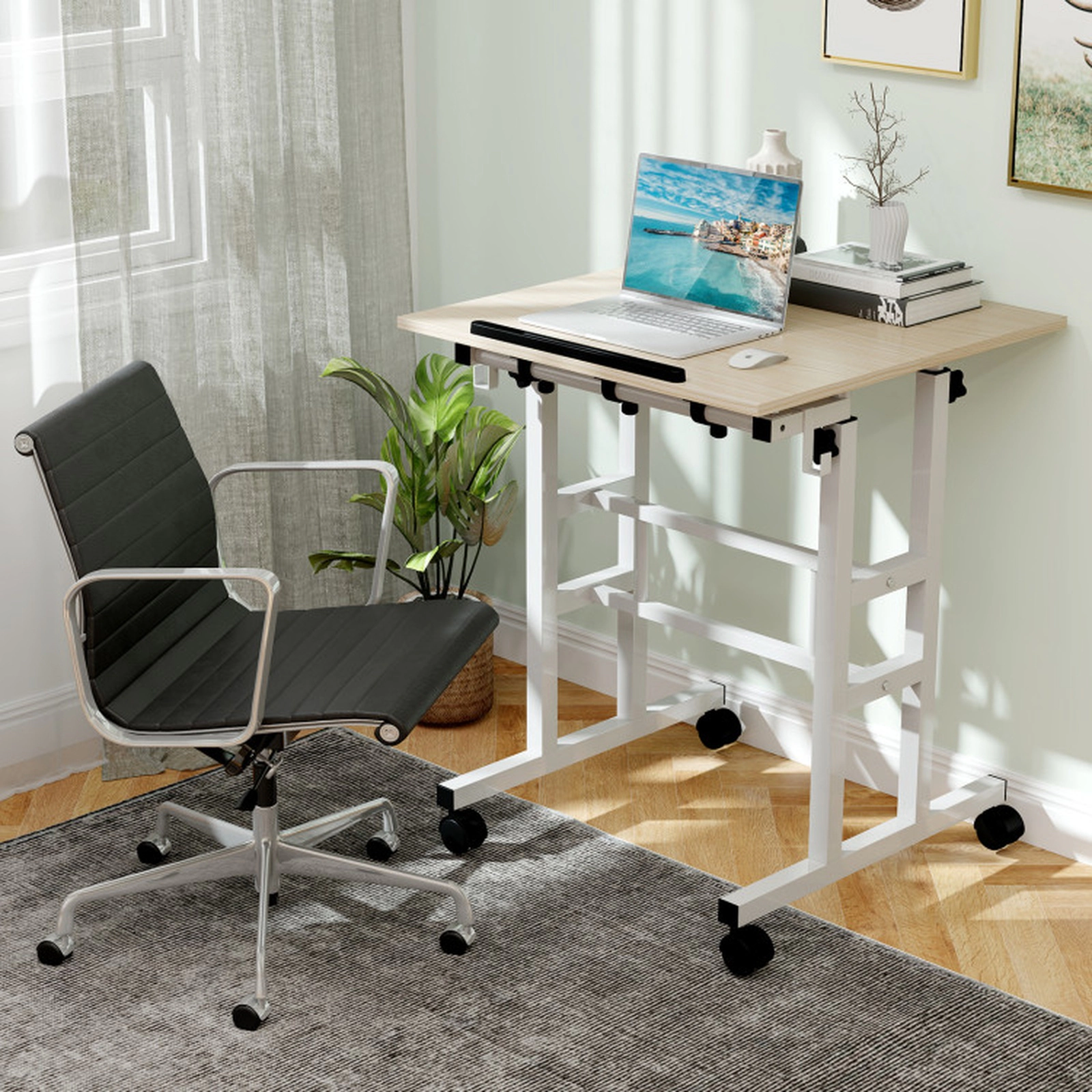 SUGIFT 2-Tier Split Top Adjustable Angle Mobile Standing Desk 24-in x 12-in x 28.5-in to 49-in 44-lb Capacity Natural