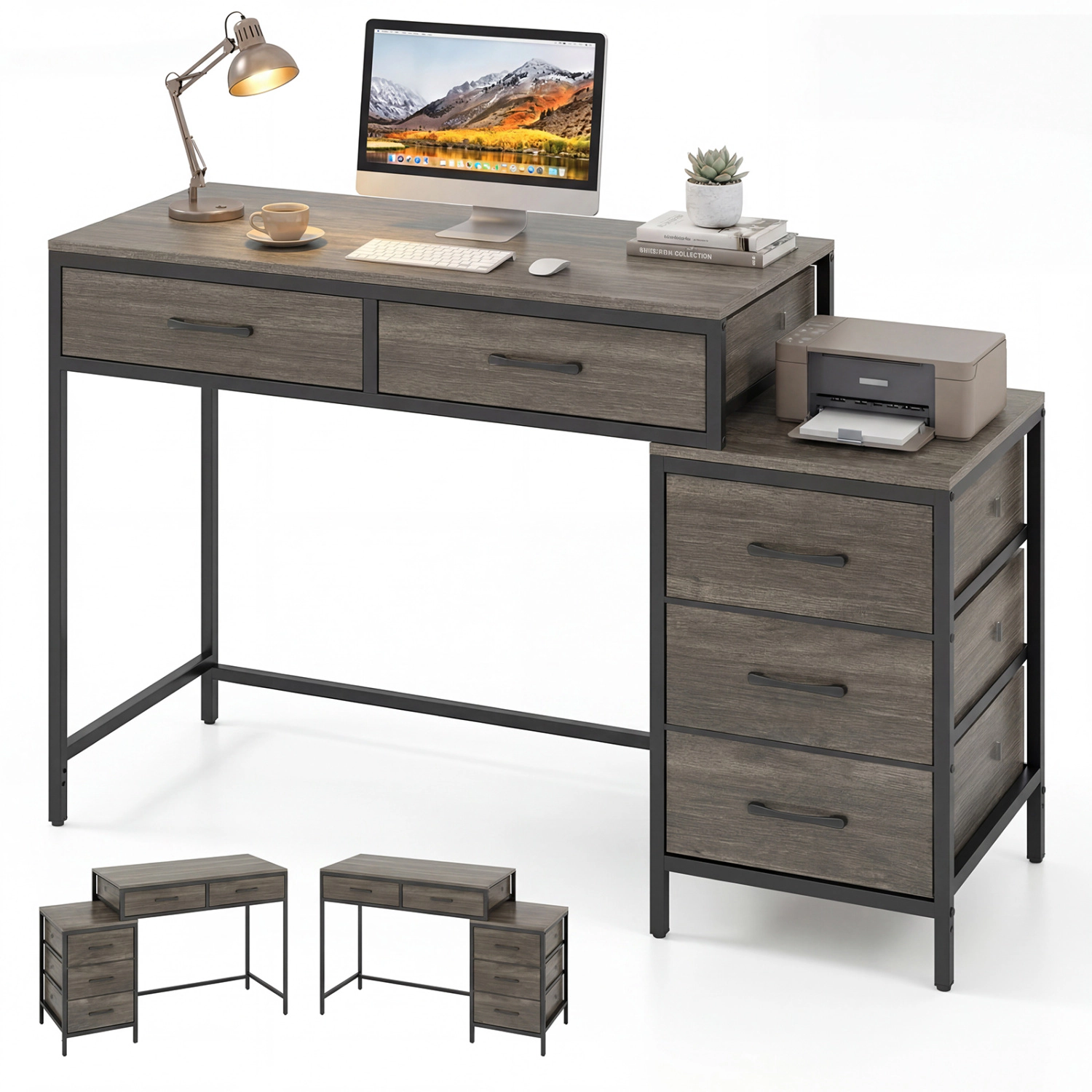 LJG Computer Desk with 5 Drawers and Printer Stand for Bedroom Small Spaces