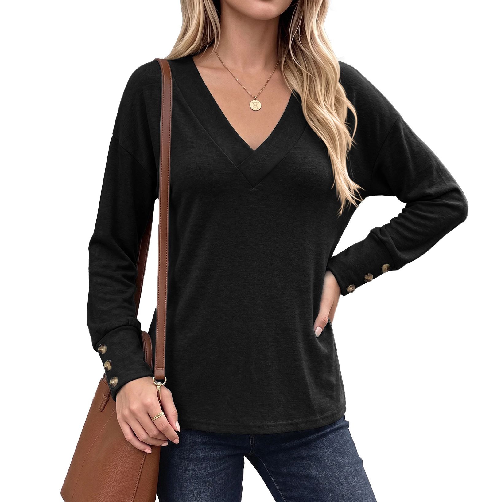 Enchanted Funland Womens Wrap V‑Neck Button Cuff Long Sleeve Loose Tops