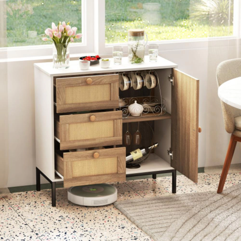 Hivvago Rattan Sideboard Buffet Cabinet With 1 Door And 3 Drawers-White