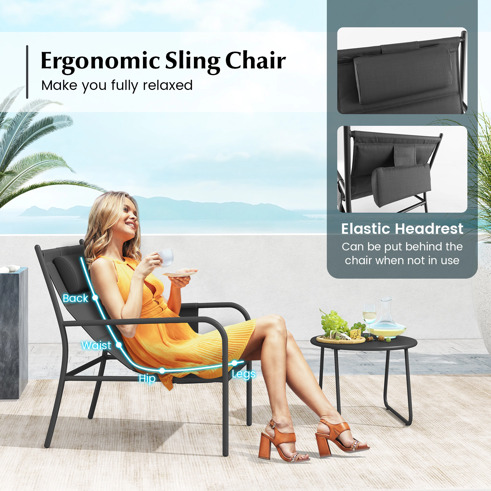SUGIFT 3 Piece Outdoor Bistro Conversation Set with Metal Chairs and Coffee Table 330-lb Chair Capacity Gray