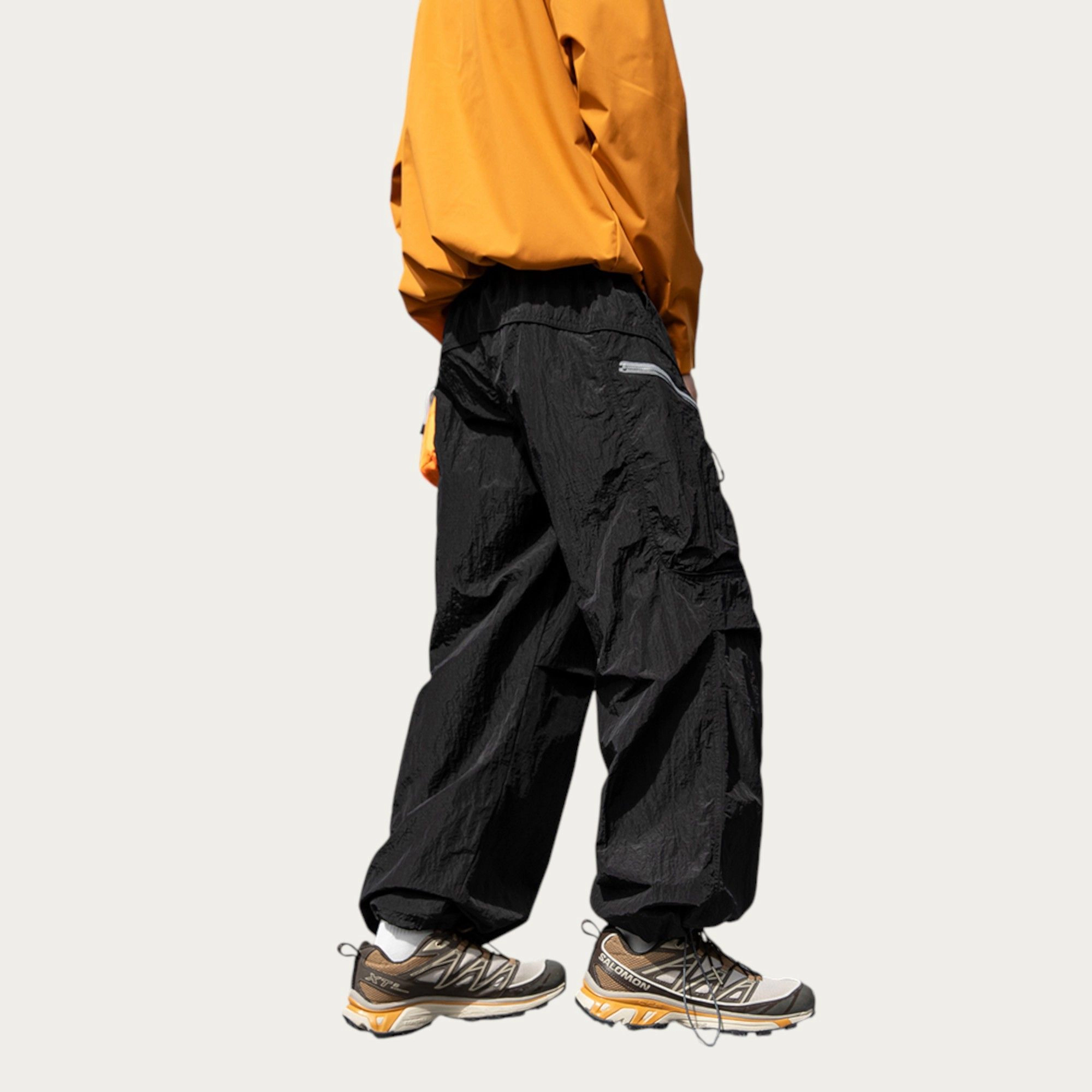 Anna-Kaci Men's Textured Wide-Leg Cargo Pants with Zipper Pockets and Adjustable Drawstring Waist