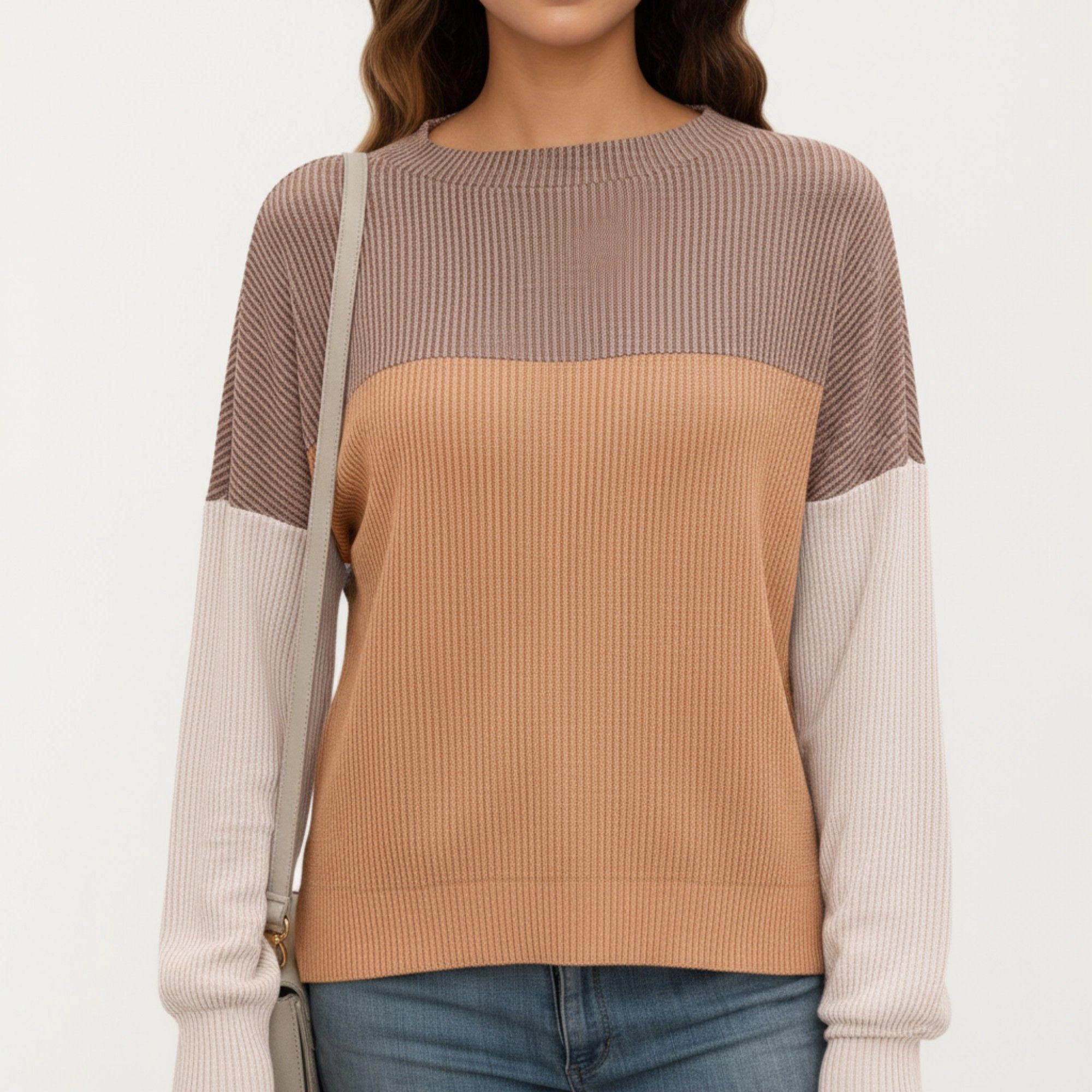 Anna-Kaci Women's Tri-Tone Colorblock Crew Neck Relaxed Fit Long Sleeve Pullover Top