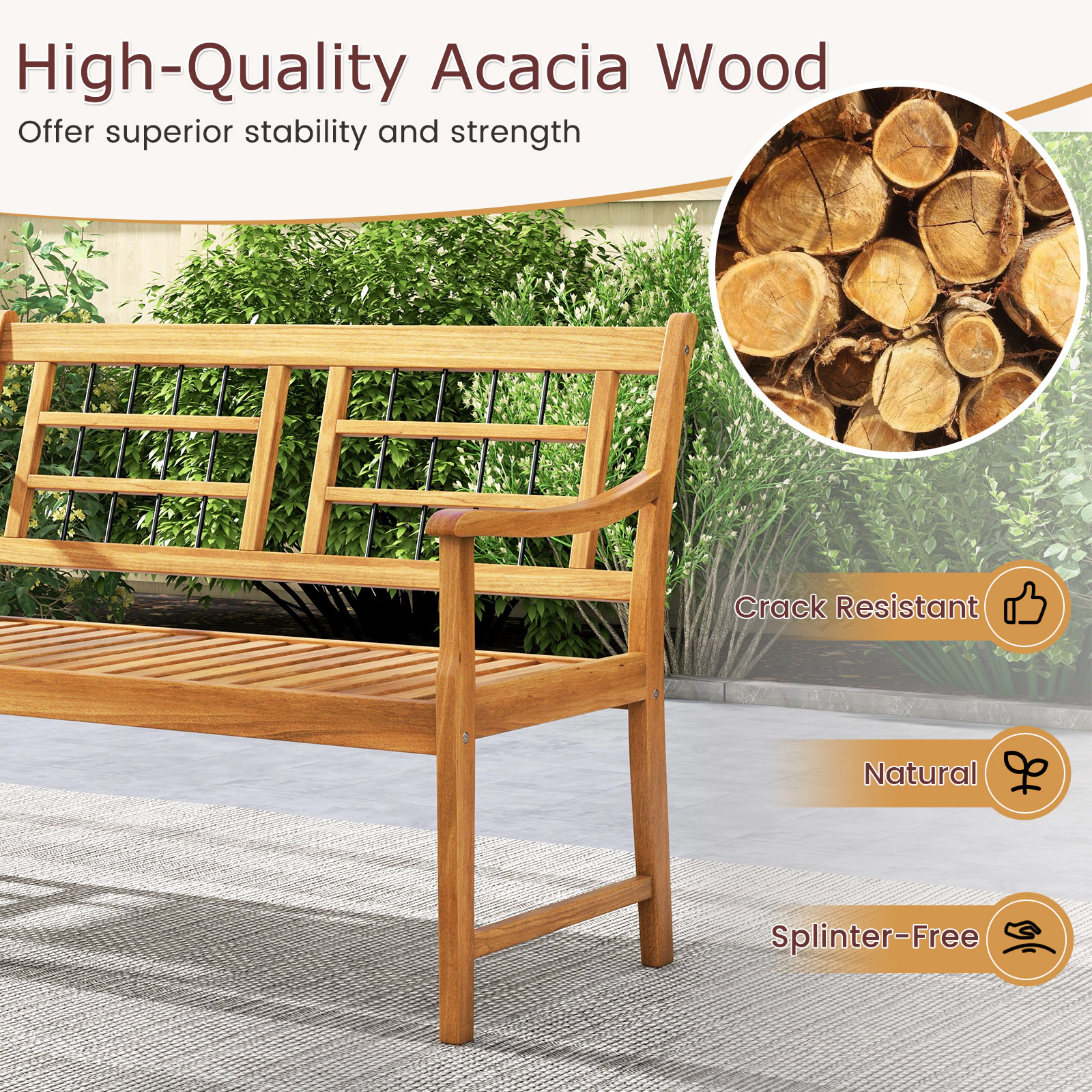 SUGIFT Curved Armrests Slatted Seat and Backrest 46.5 Inch Patio Acacia Wood Bench