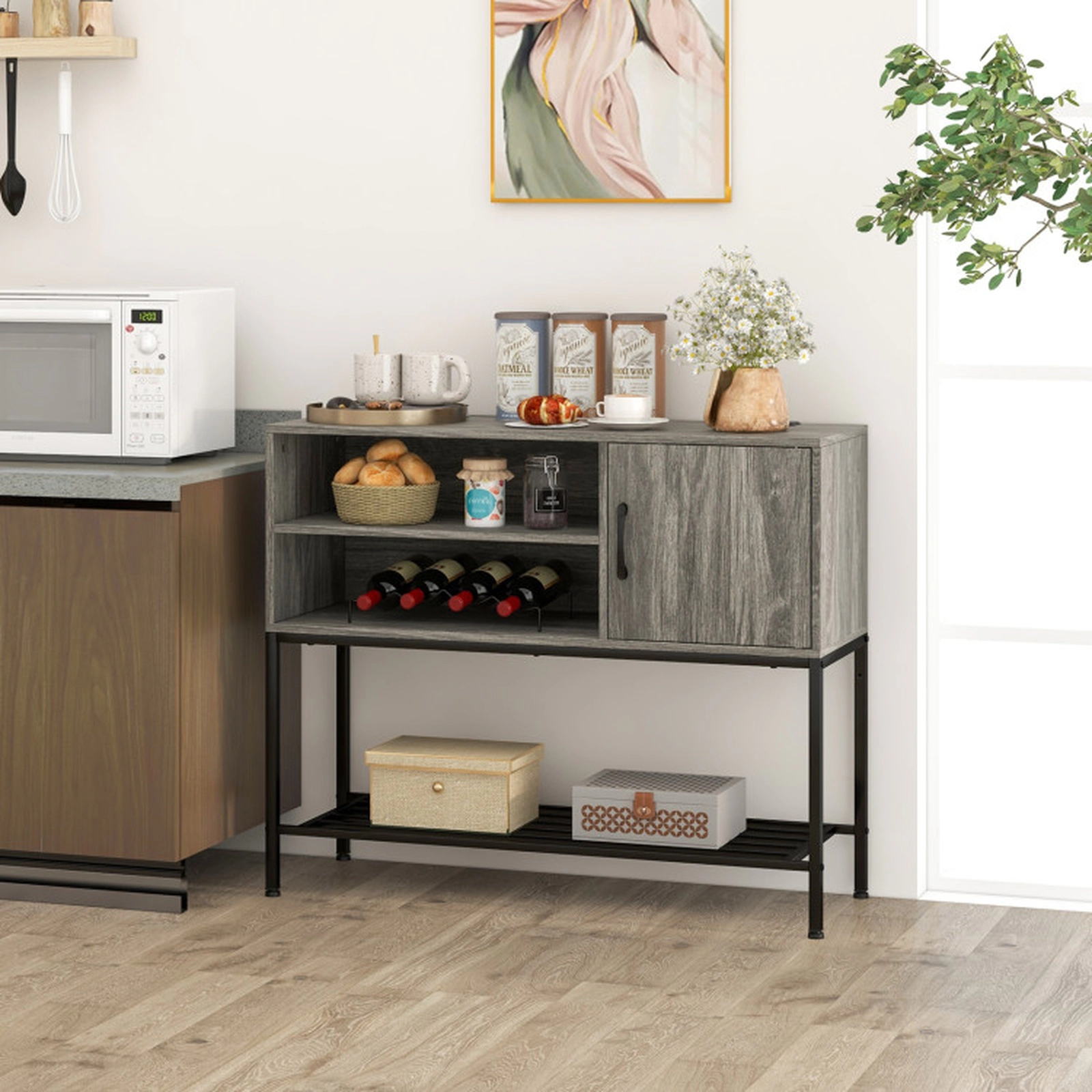 SUGIFT 40-in Gray 110-lb Top Buffet Sideboard Cabinet with Power Outlets USB Ports and Wine Racks
