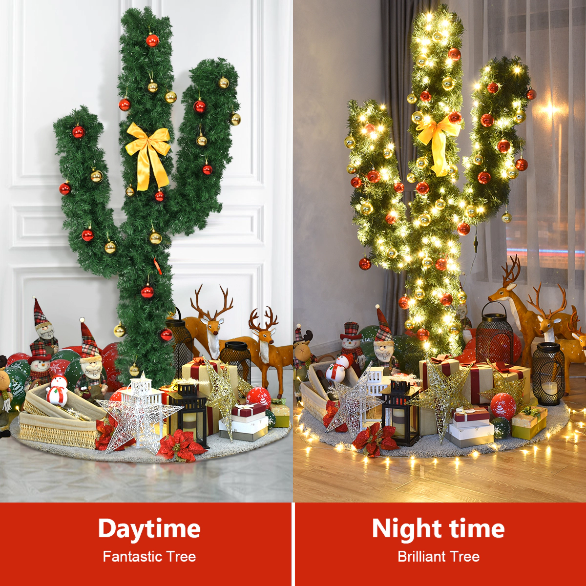 Costway 6Ft Pre-Lit Cactus Christmas Tree LED Lights Ball Ornaments