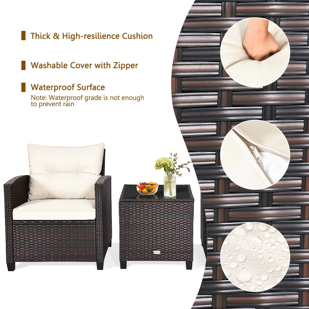 SUGIFT 3-Piece Patio Rattan Cushioned Conversation Set with Coffee Table 360-lb Chair Capacity 26.5-in Chairs White