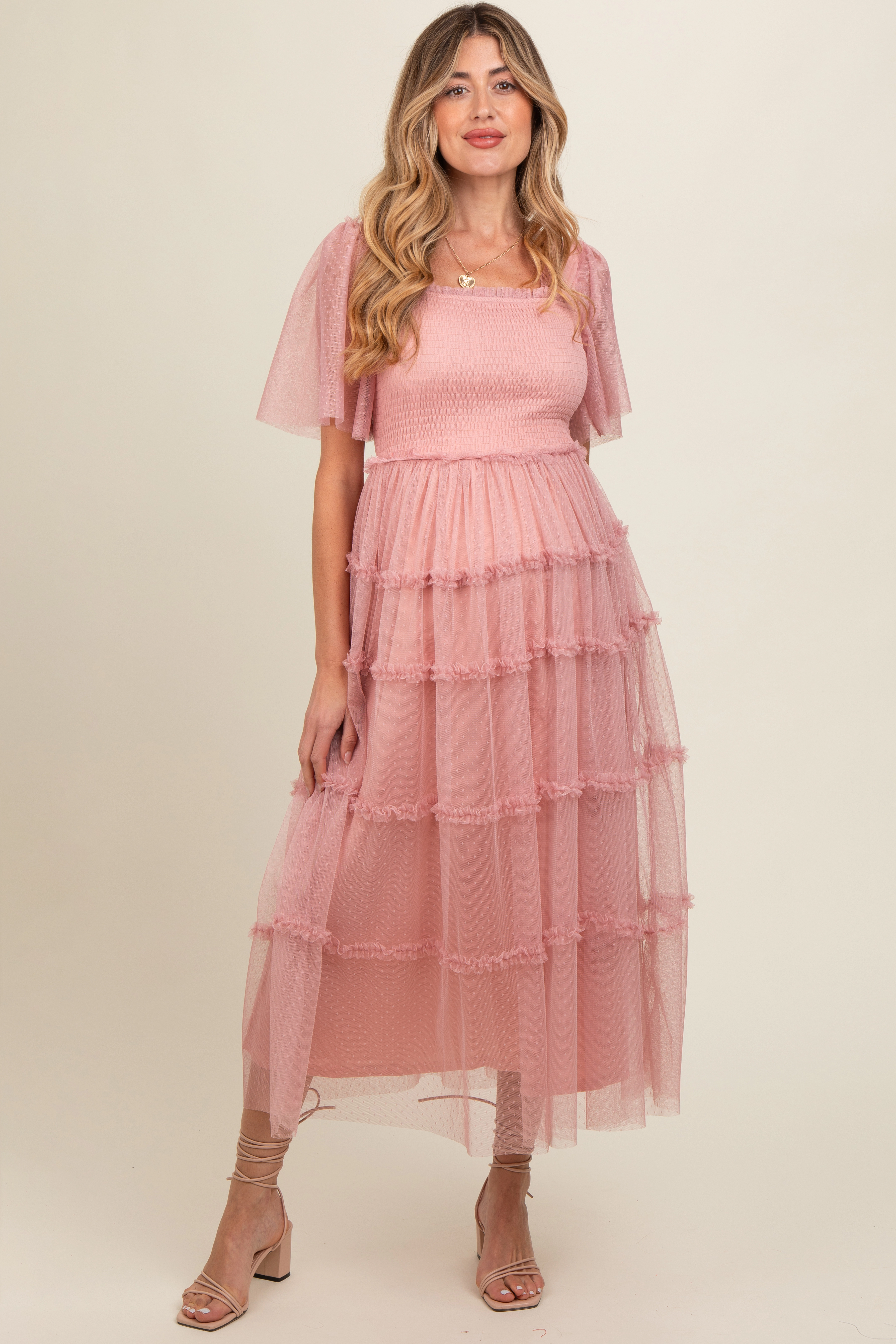 PinkBlush Womens Pink Ruffled Mesh Maternity Maxi Dress