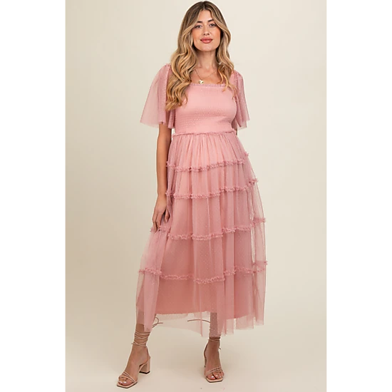 PinkBlush Womens Pink Ruffled Mesh Maternity Maxi Dress
