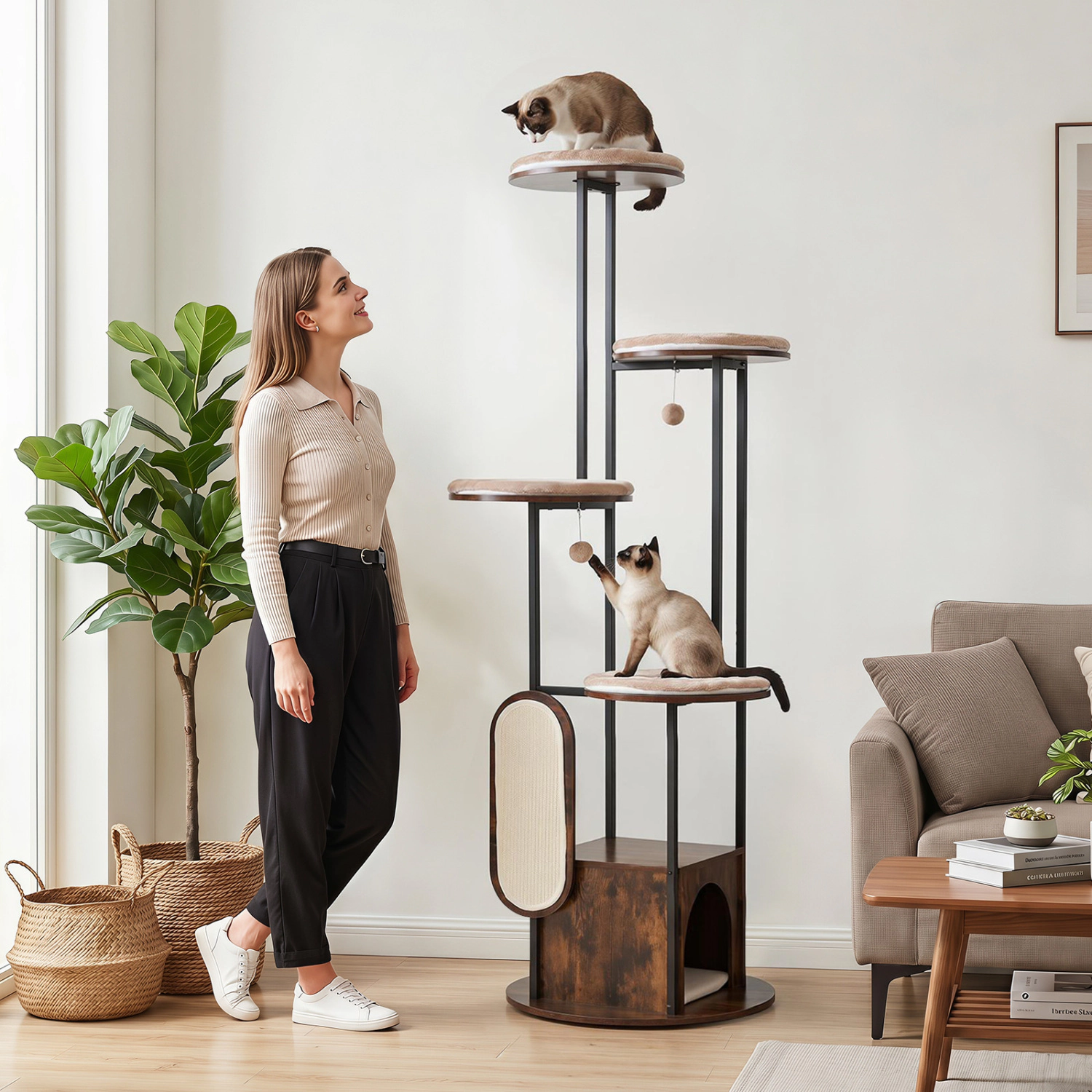 LJG 72-Inch Tall Multi-Level Cat Condo with Top Perch Platforms and Removable Washable Mats