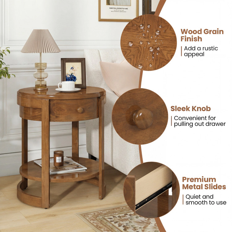Hivvago Wooden 2-Layer Accent Table with Drawer and Round Design for Bedroom or Living Room