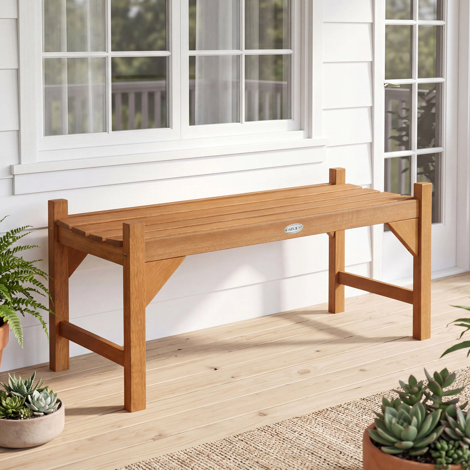 LJG 40 Inch Outdoor Bench with Slatted Contoured Seat for Deck Entryway