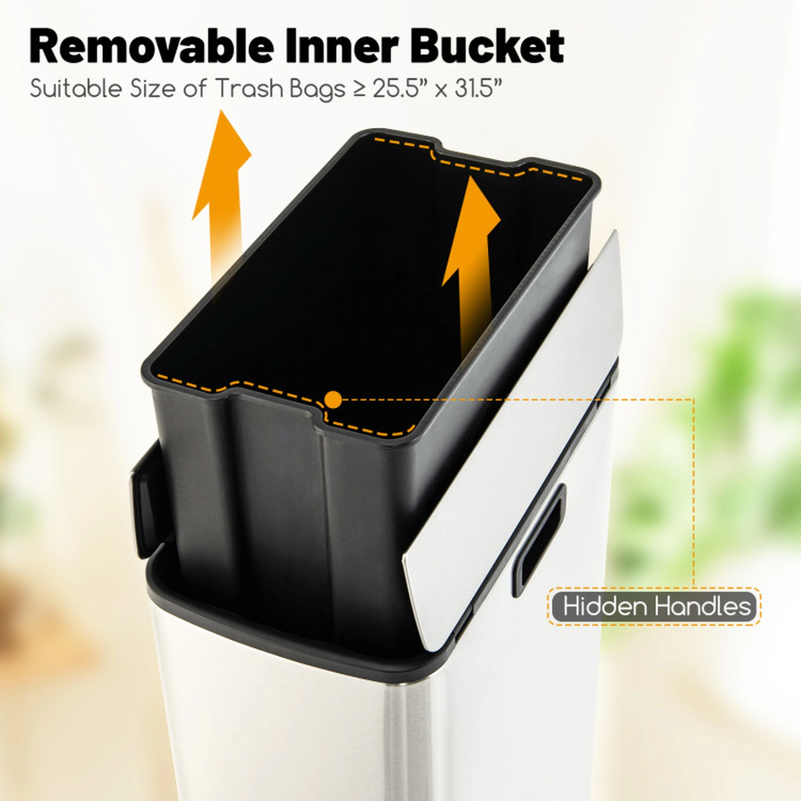 SUGIFT 12-Gal Soft-Close Wing Lids Removable Inner Bucket Step Trash Can 20.5-in x 10.5-in x 27-in 3-Layer Silver