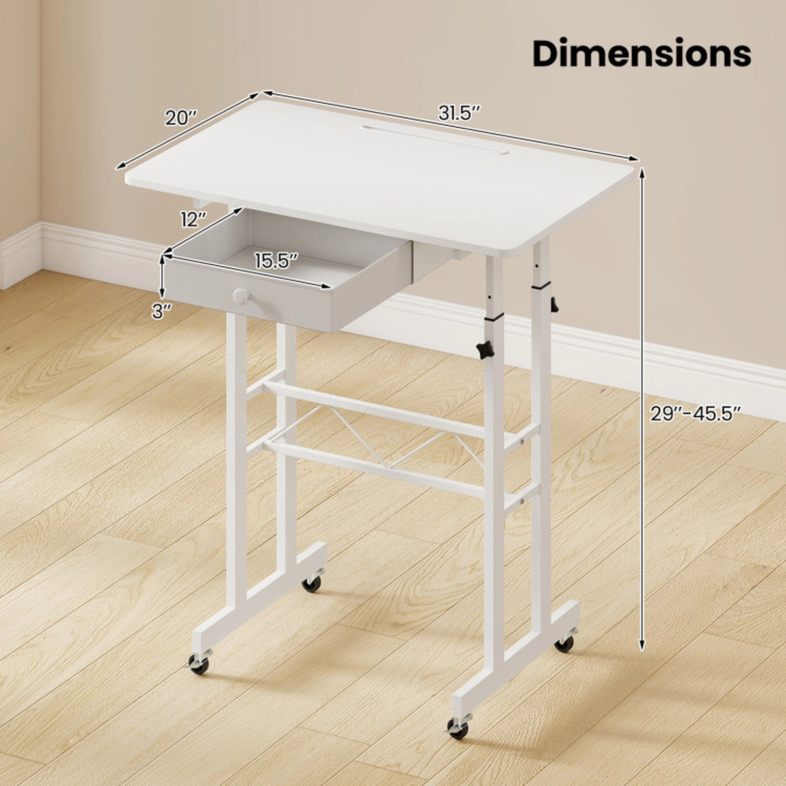 SUGIFT Height Adjustable Laptop Desk with Fabric Drawer Tablet Holder Lockable Wheels 45-lb Tabletop Capacity White
