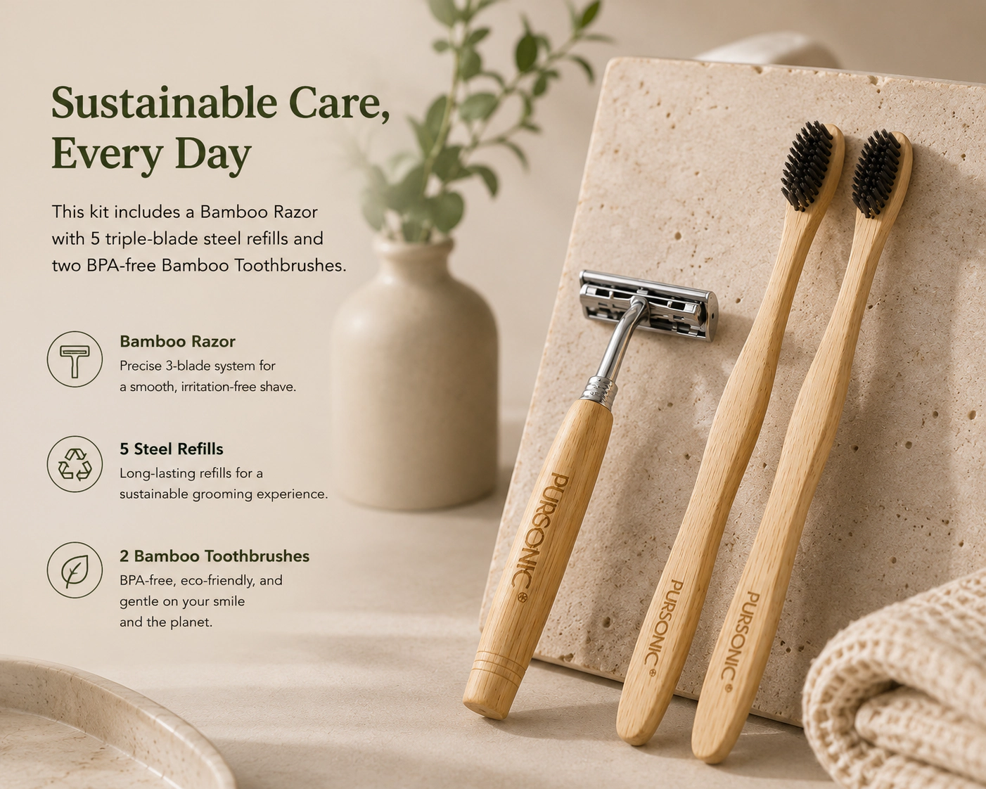 Pursonic Unisex Eco-Friendly Bamboo Razor & Toothbrush Grooming Bundle