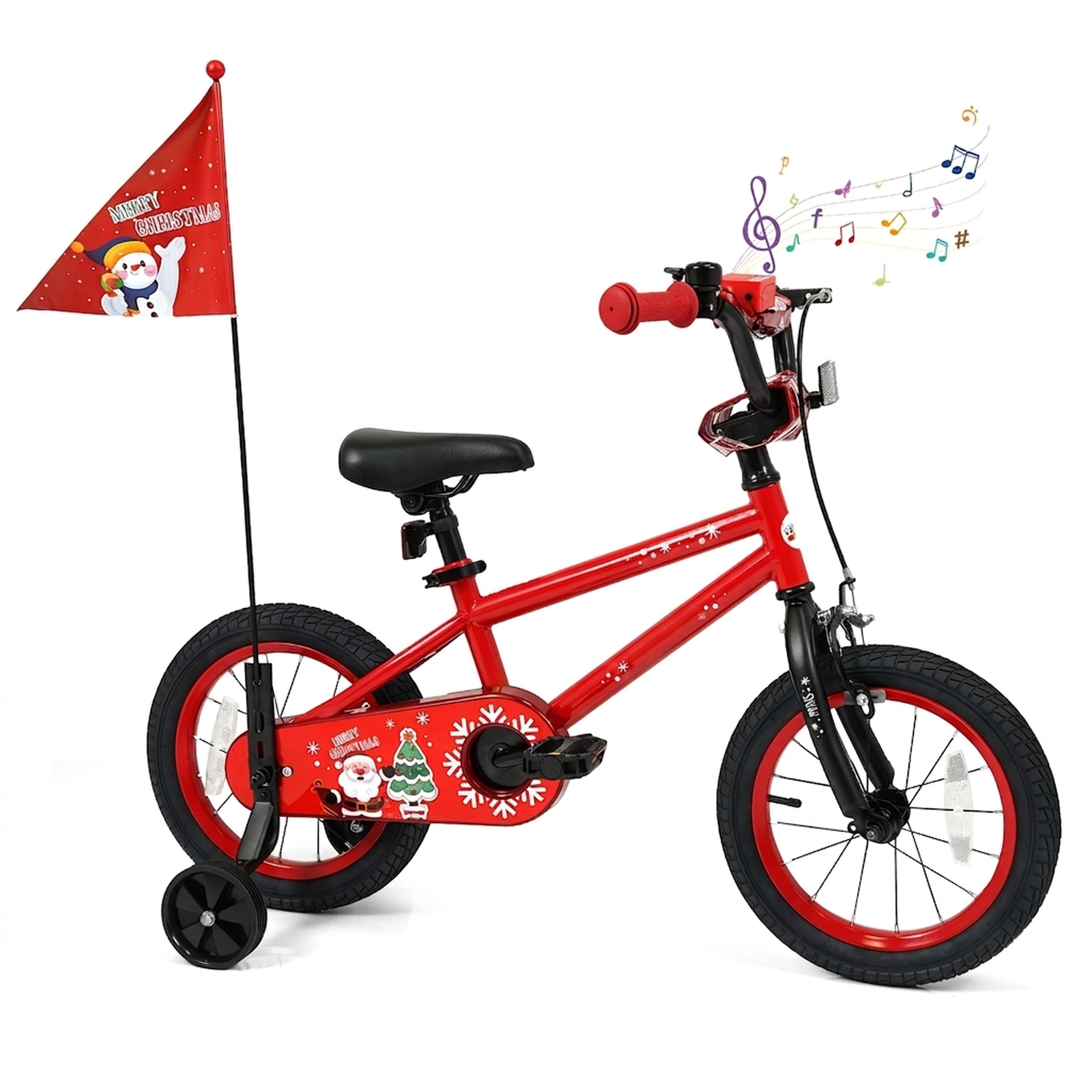 SUGIFT Adjustable 14-In Kids Bicycle with Training Wheels Christmas Music Flag 110-lb Capacity Ages 3-5 Red