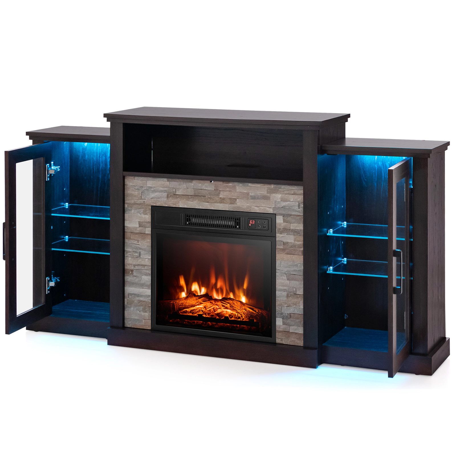 SUGIFT 59-in Fireplace TV Stand with 16-Color LED Lights for TVs up to 65 in 77-lb Middle Countertop Capacity Dark Brown