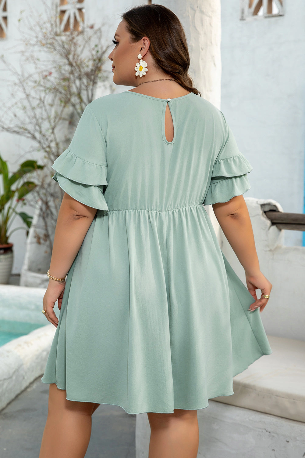 Threaded Pear Women's Gracie Plus Ruffle Trim Short Sleeve Dress