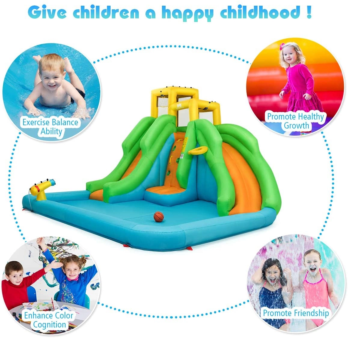 LJG Kids Inflatable Water Park Bounce House with Climbing Wall without Blower