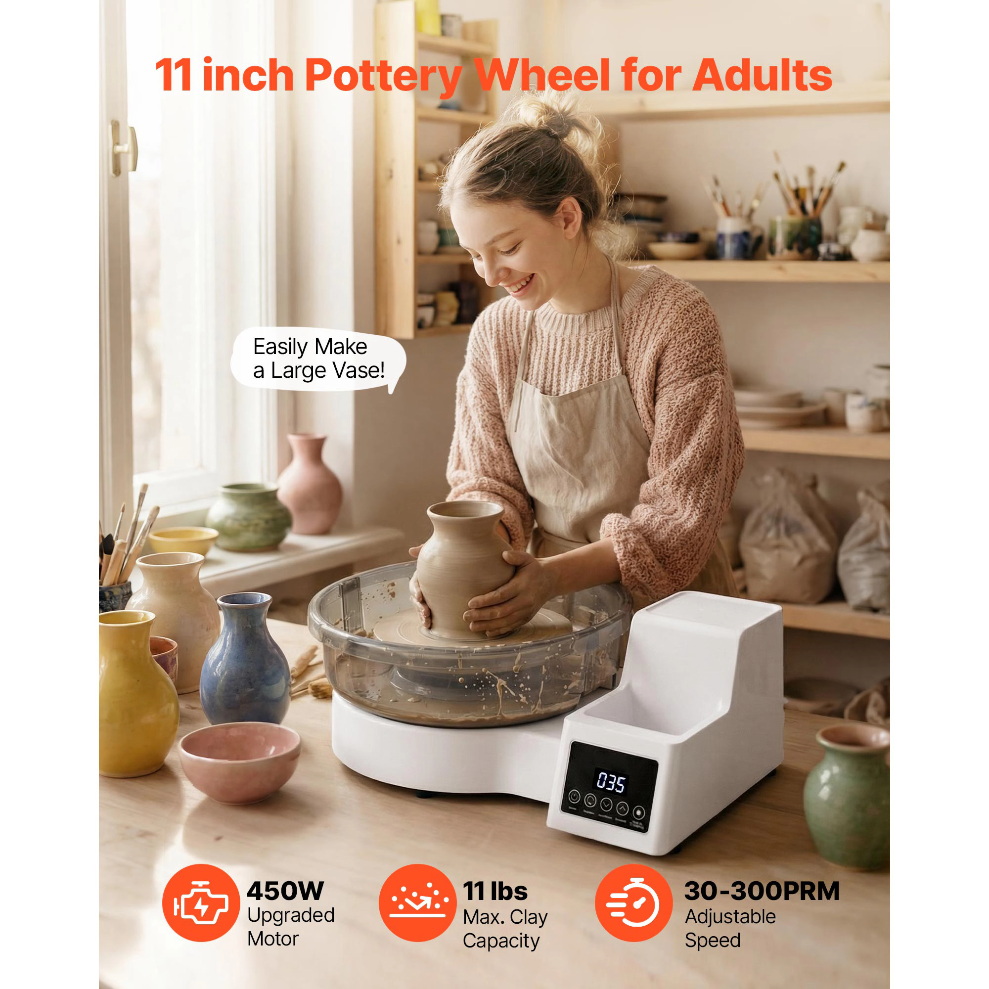HONGGE Pottery Wheel for Adults 11" Aluminum Turntable 450W Electric Table Top Pottery Wheel with Foot Pedal 30-300 RPM