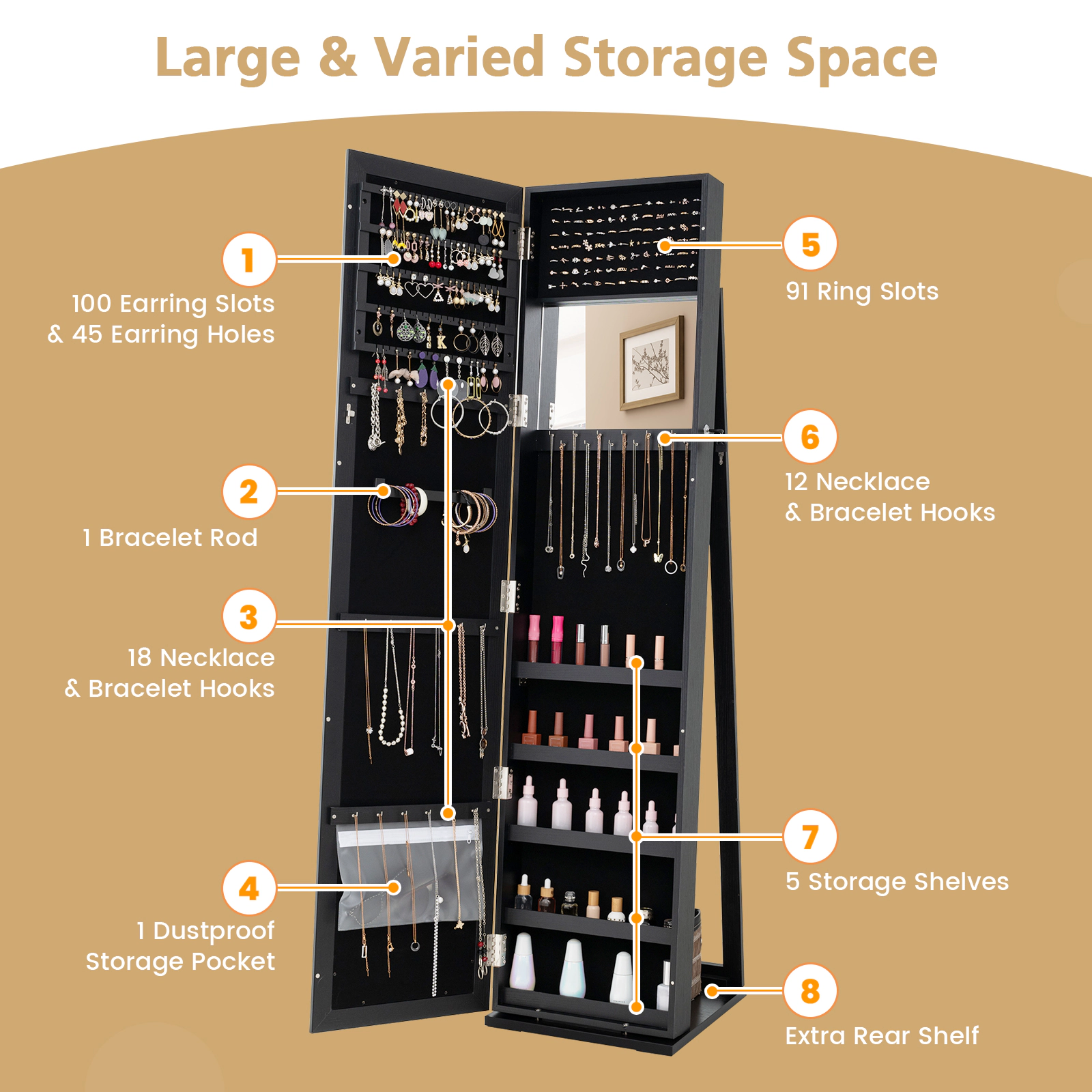 Hivvago Standing Lockable Jewelry Storage Organizer with Full-Length Mirror