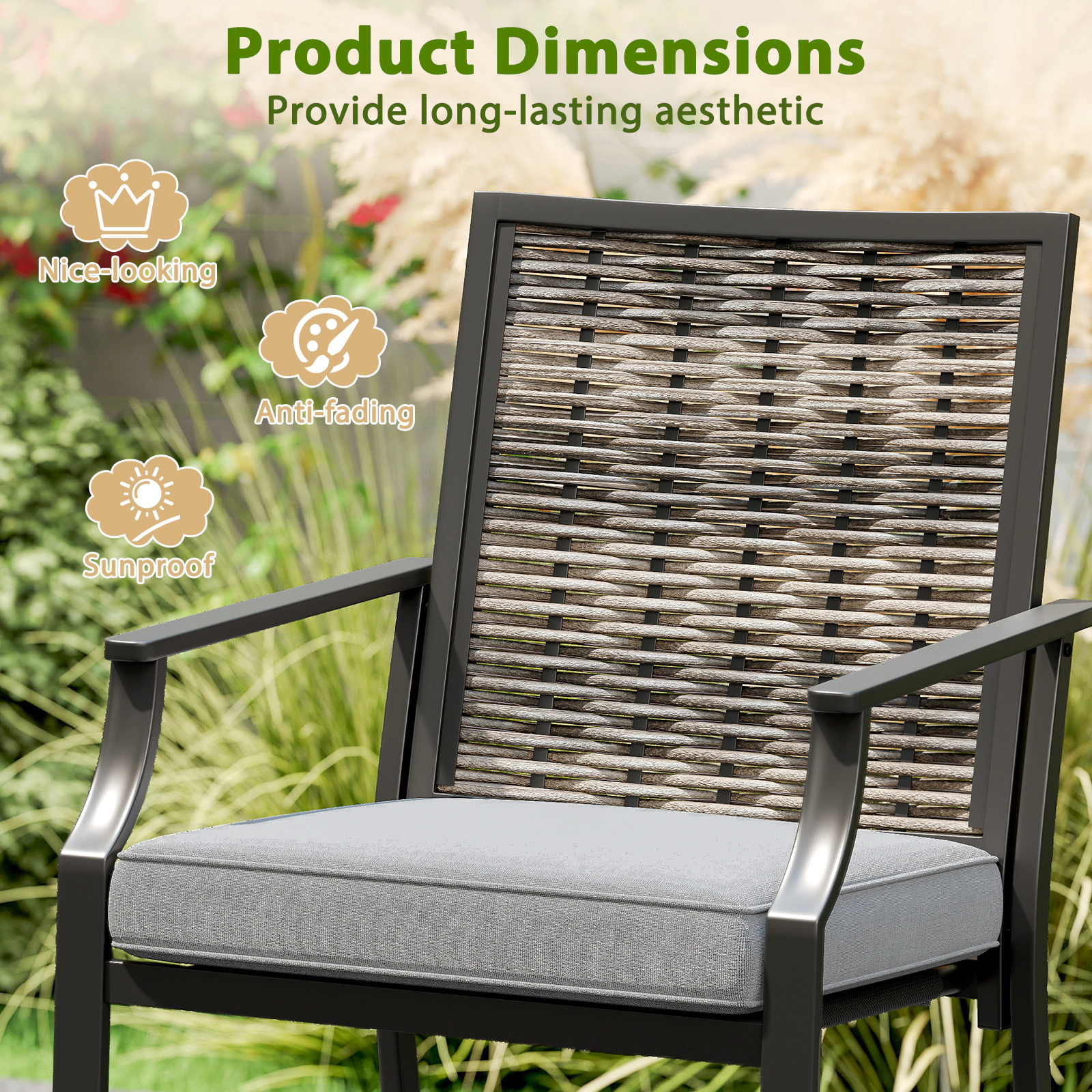 SUGIFT Set of 2 Gray Rattan Counter-Height Patio Bar Stools with Woven Backs and Cushions
