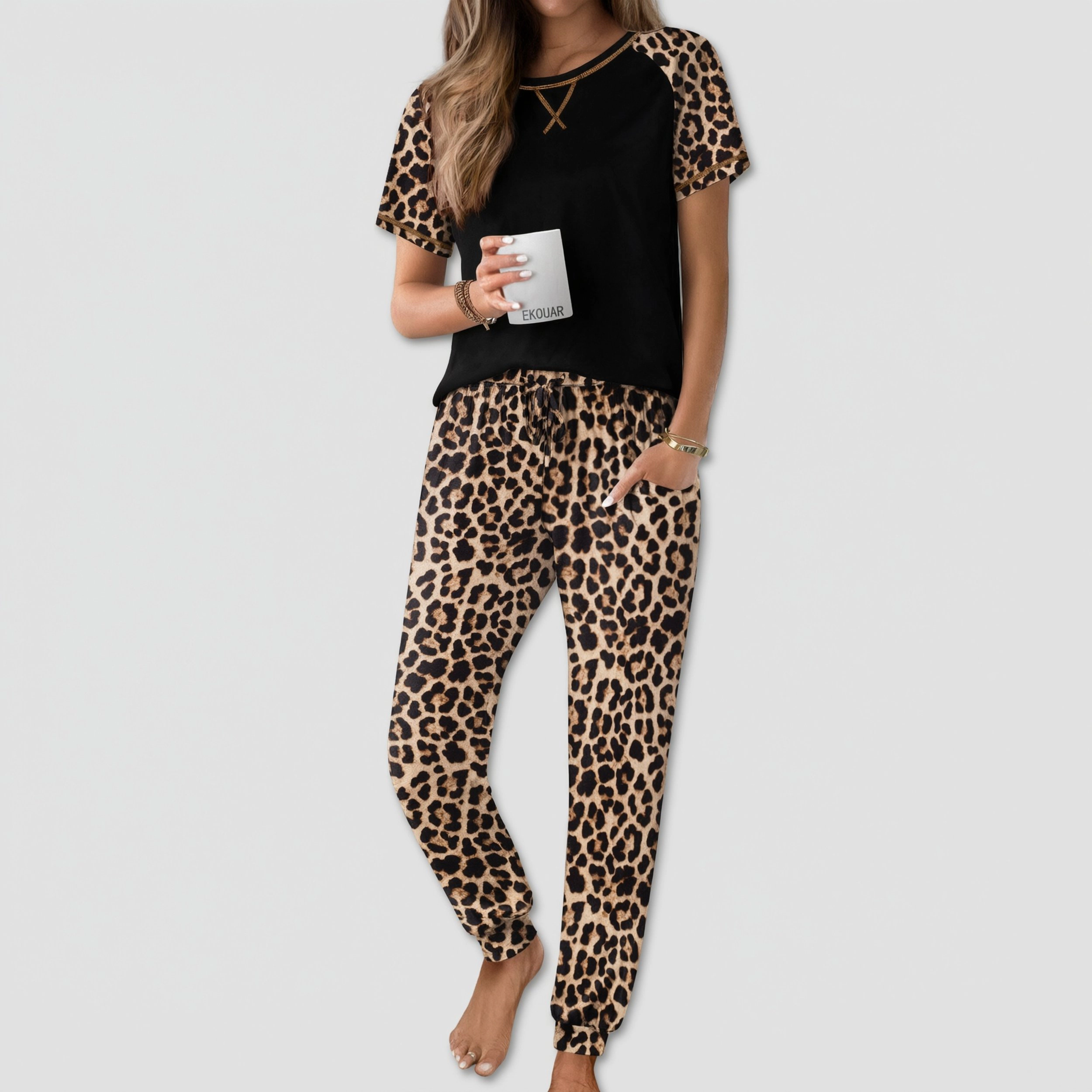 Ekouaer Womens Jogger Pajamas Sets 2 Piece Raglan Short Sleeve Pjs Lounge Set Soft Sleepwear