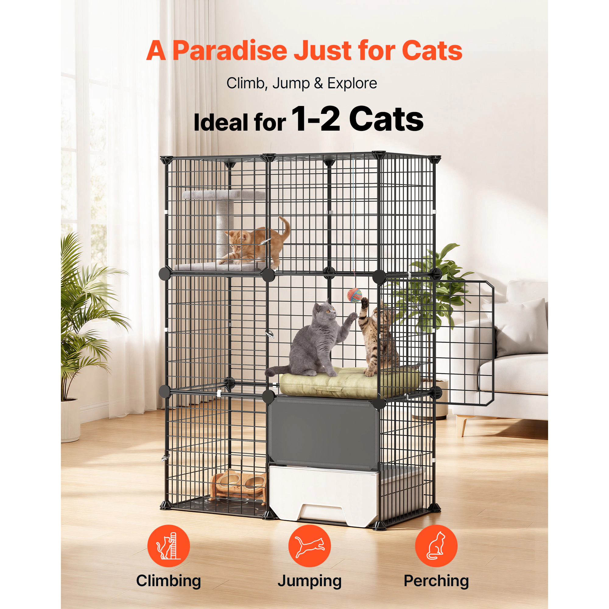 HONGGE 28 x 17.91 x 40.98 in 3-Tier Steel Cat Cage with Litter Box, Indoor Playpen for 1-2 Cats, Black