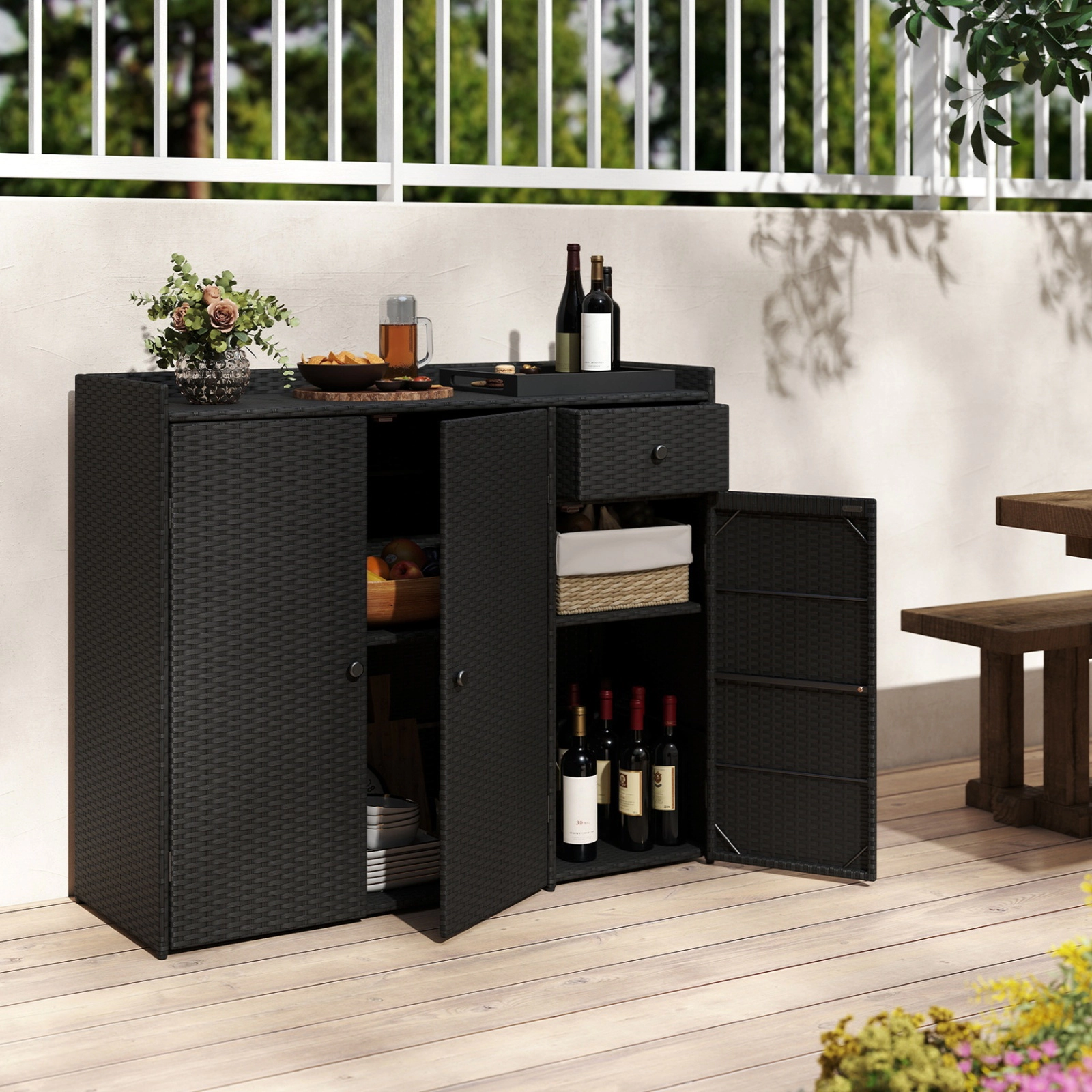 SUGIFT 48-in 3-Door 110-lb Countertop PE Wicker Rattan Outdoor Storage Cabinet with Drawer and 2 Shelves