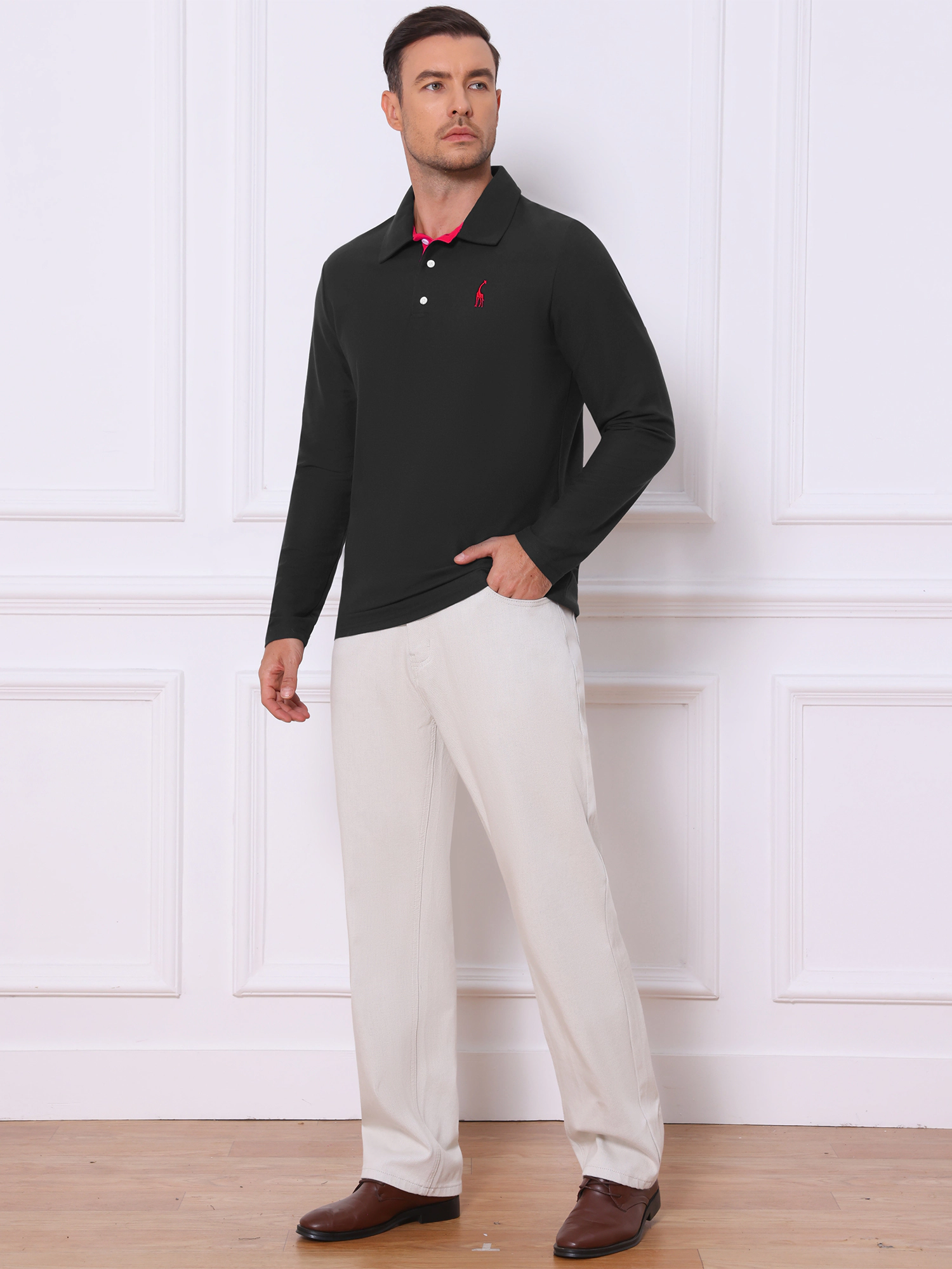 INSPIRE CHIC Men's Pattern Pique Long Sleeve Golf Polo Shirt