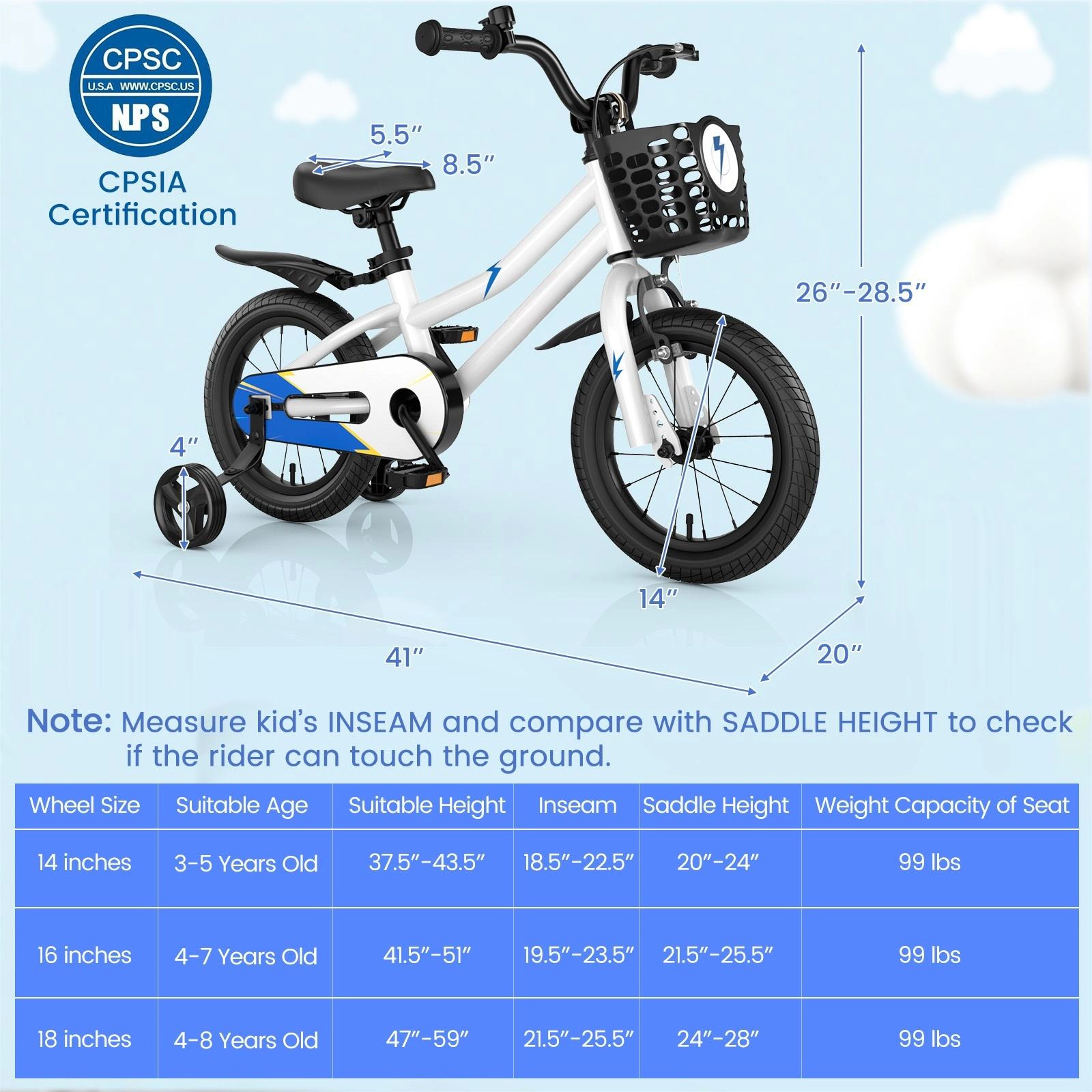 SUGIFT Height-Adjustable 14-In Kids Bicycle with Hand & Coaster Brakes 99-lb Seat Capacity Ages 3-5 with Training Wheels