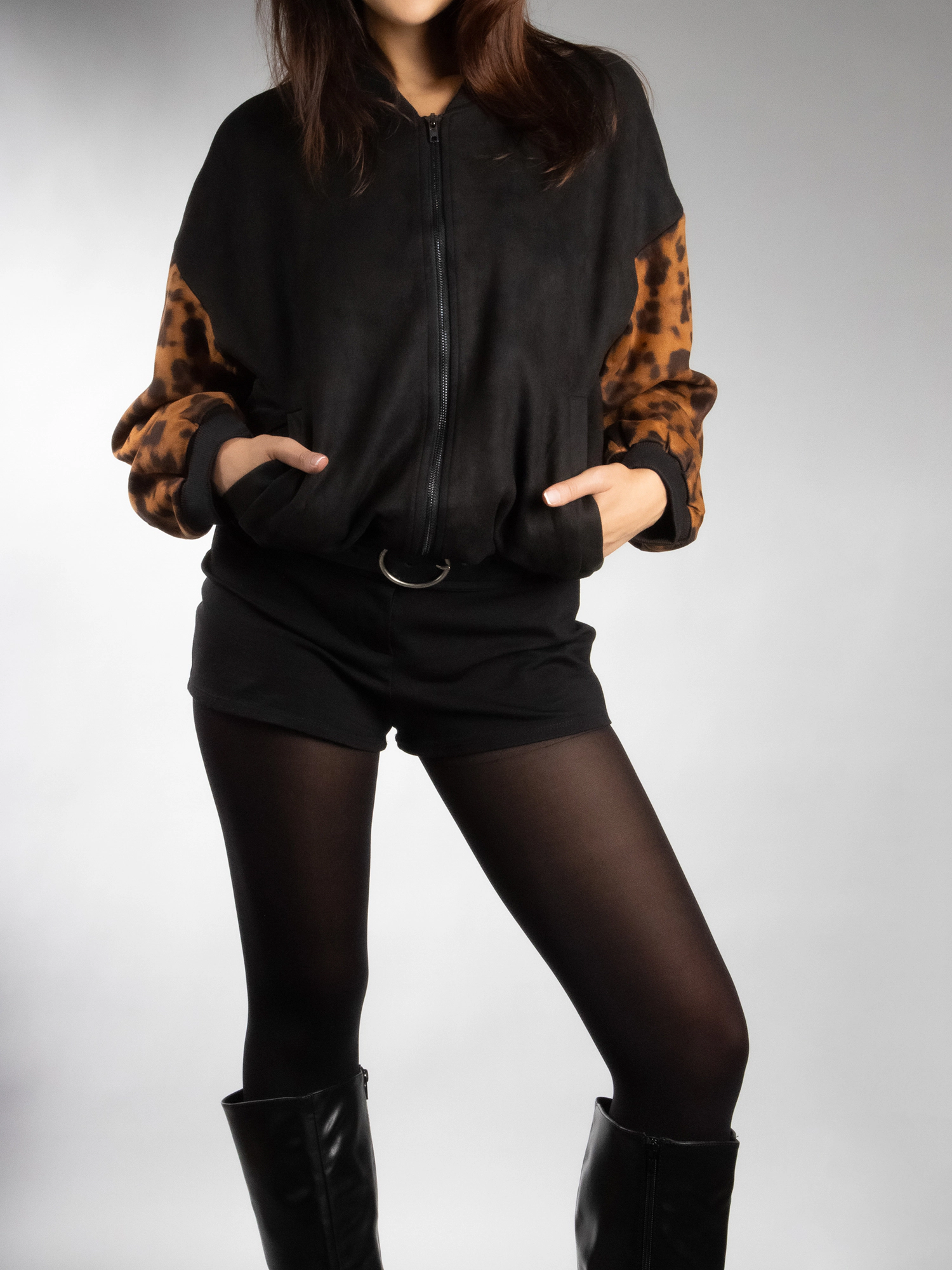 JESS by Meiko Women's Animal Print Sleeve Zip Up Jacket