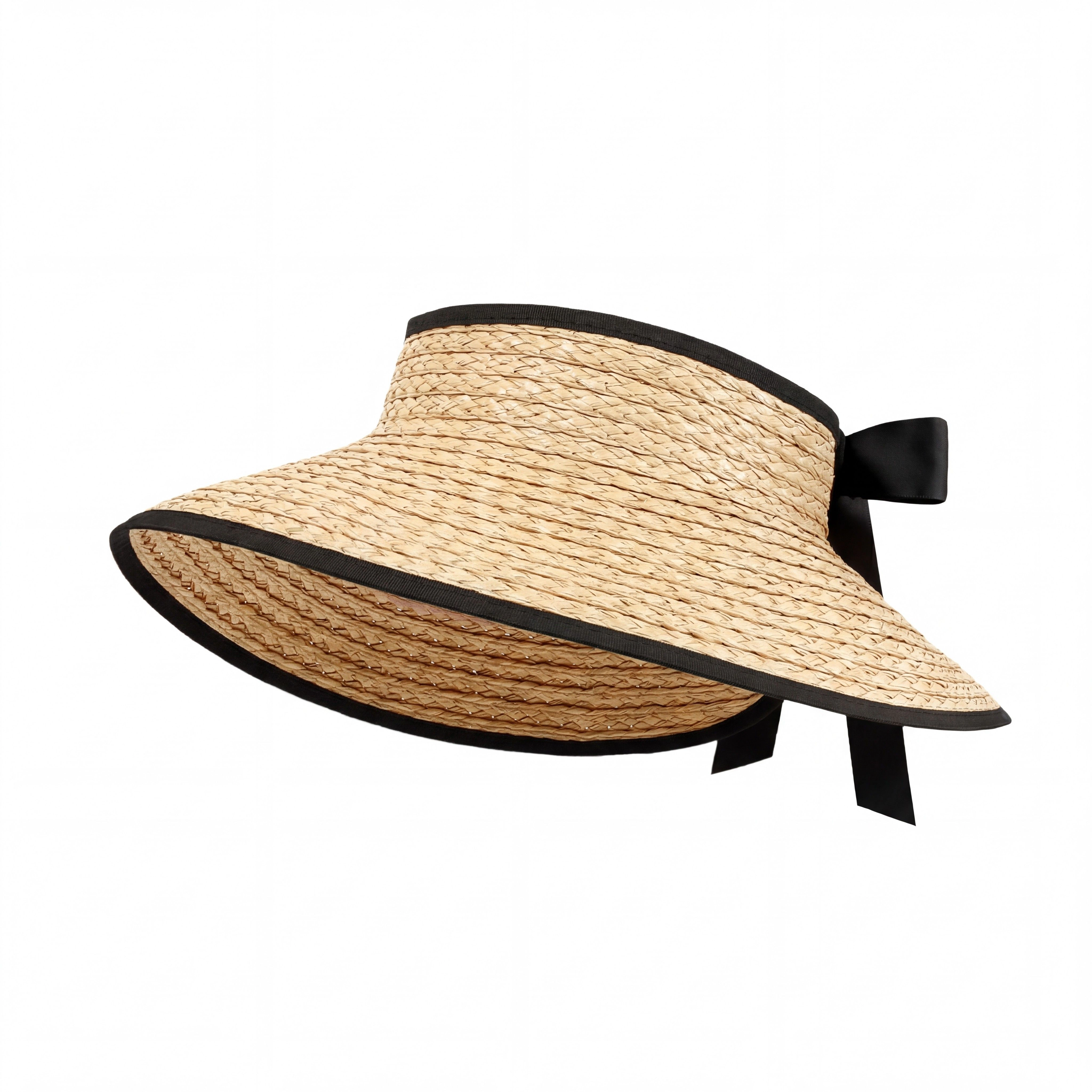 Anna-Kaci Women's Women Straw Sun Visor Hat Wide Brim Open Top Adjustable Bow Lightweight Summer Hat, Ivory Trim