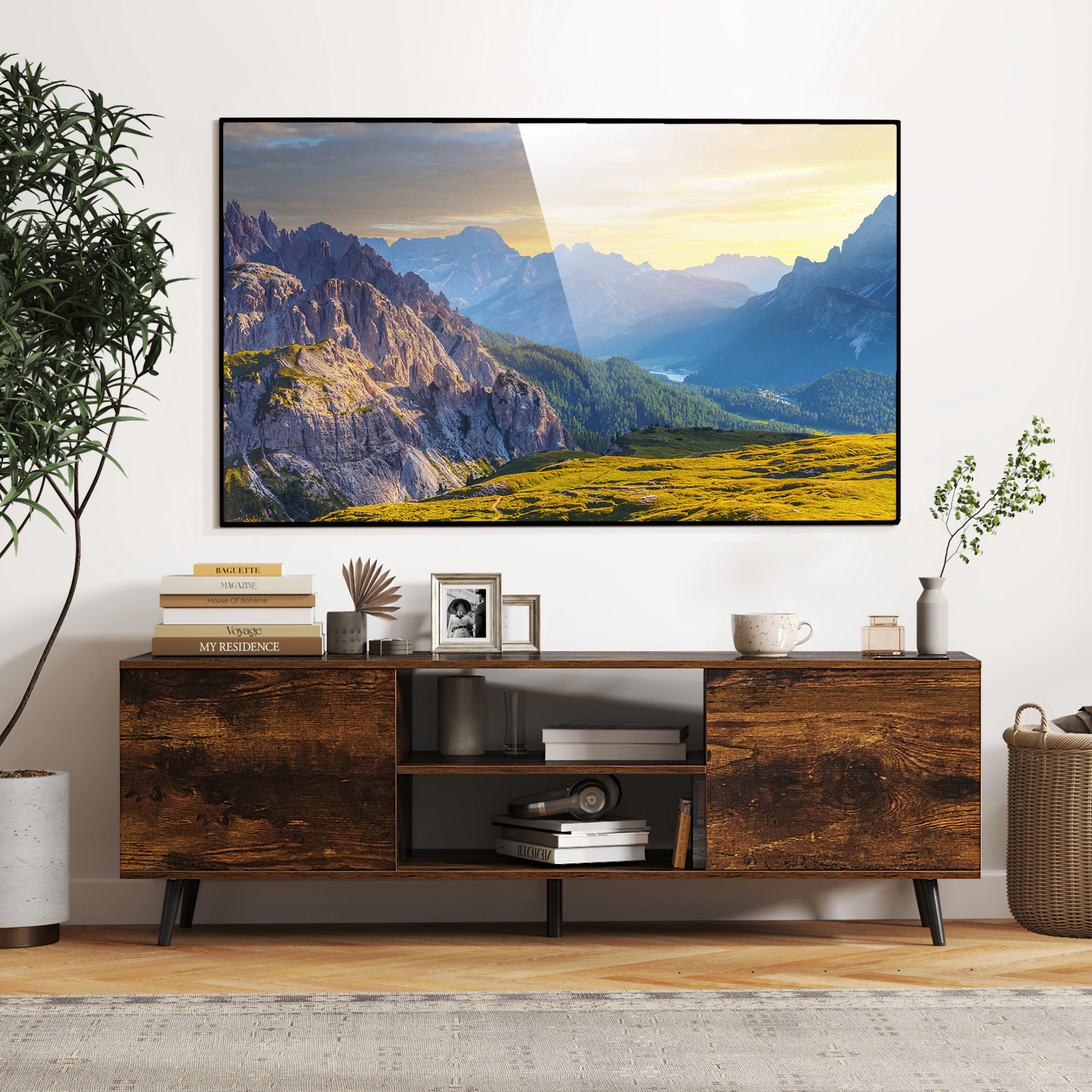 SUGIFT 53.5-in Wide TV Stand Power Outlets & Adjustable Shelf 155-lb Tabletop Capacity for 60-in TVs Rustic Brown/Black