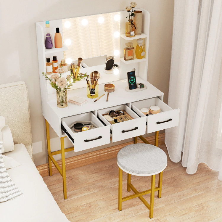 Hivvago Vanity Desk With Mirror And Lights Makeup Dressing Table And Cushioned Stool Set
