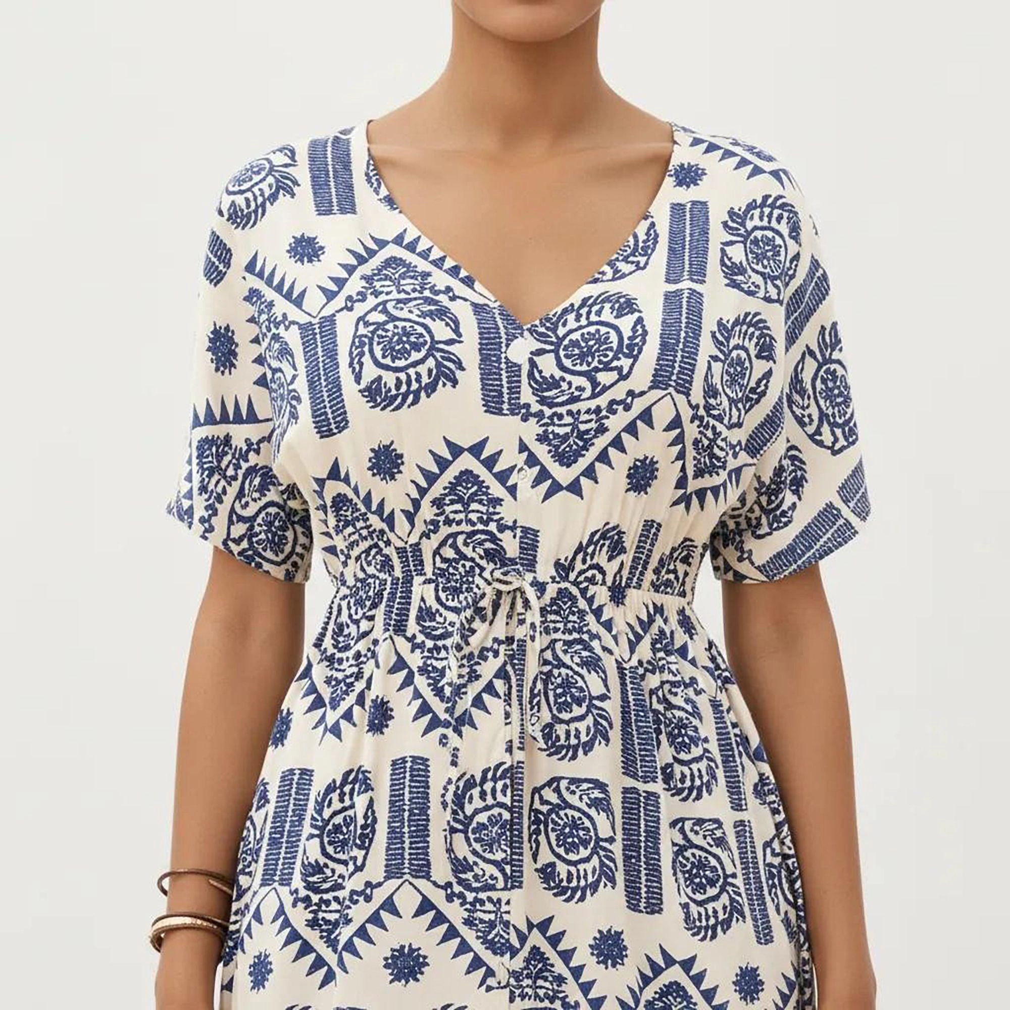 Anna-Kaci Women's V Neck Short Sleeve Print Drawstring Waist Midi Dress