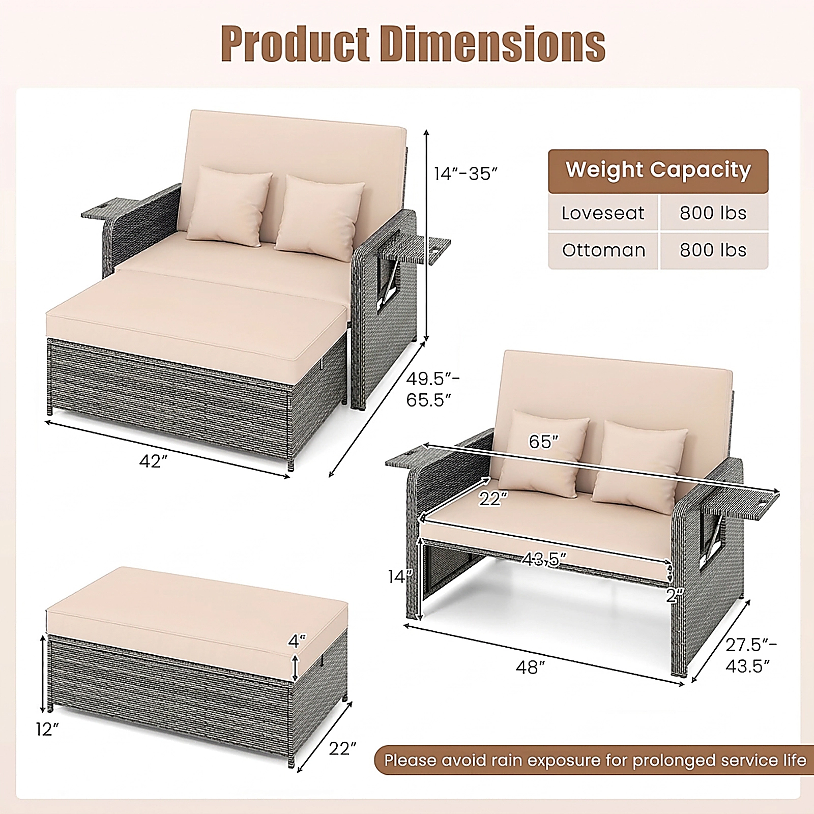 SUGIFT Beige Wicker Patio Loveseat Daybed with Adjustable Backrest, Ottoman and Trays