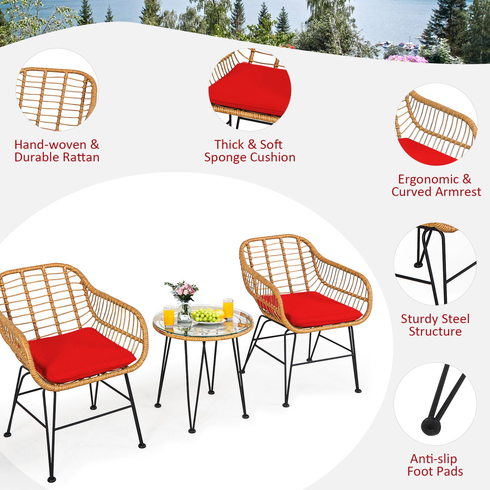 SUGIFT 3-Piece Red Wicker Patio Conversation Set with Cushions and Round Tempered Glass Table