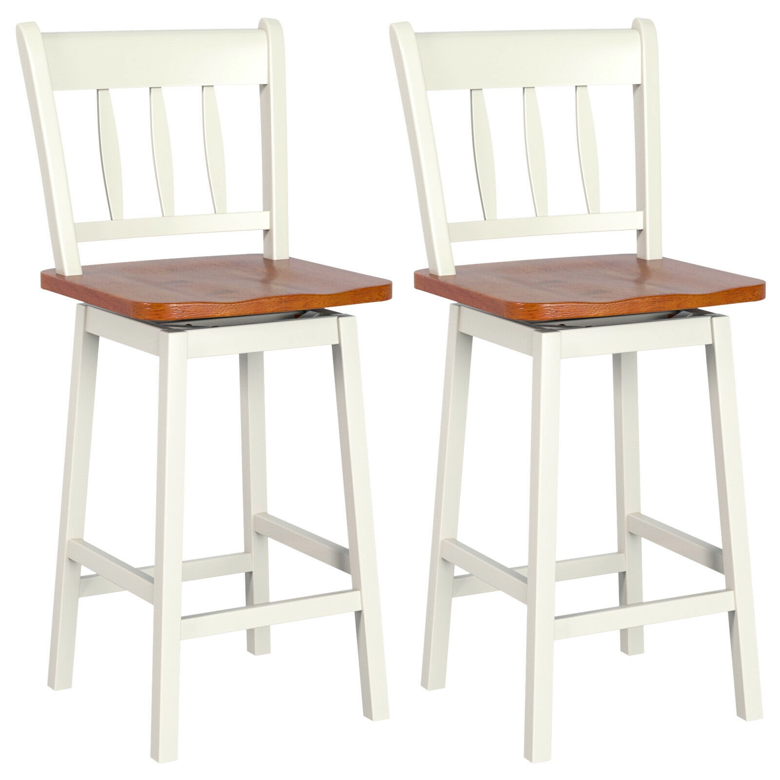 SUGIFT Set of 2 White 24.5-Inch Solid Rubberwood Counter-Height Swivel Bar Stools with Footrests
